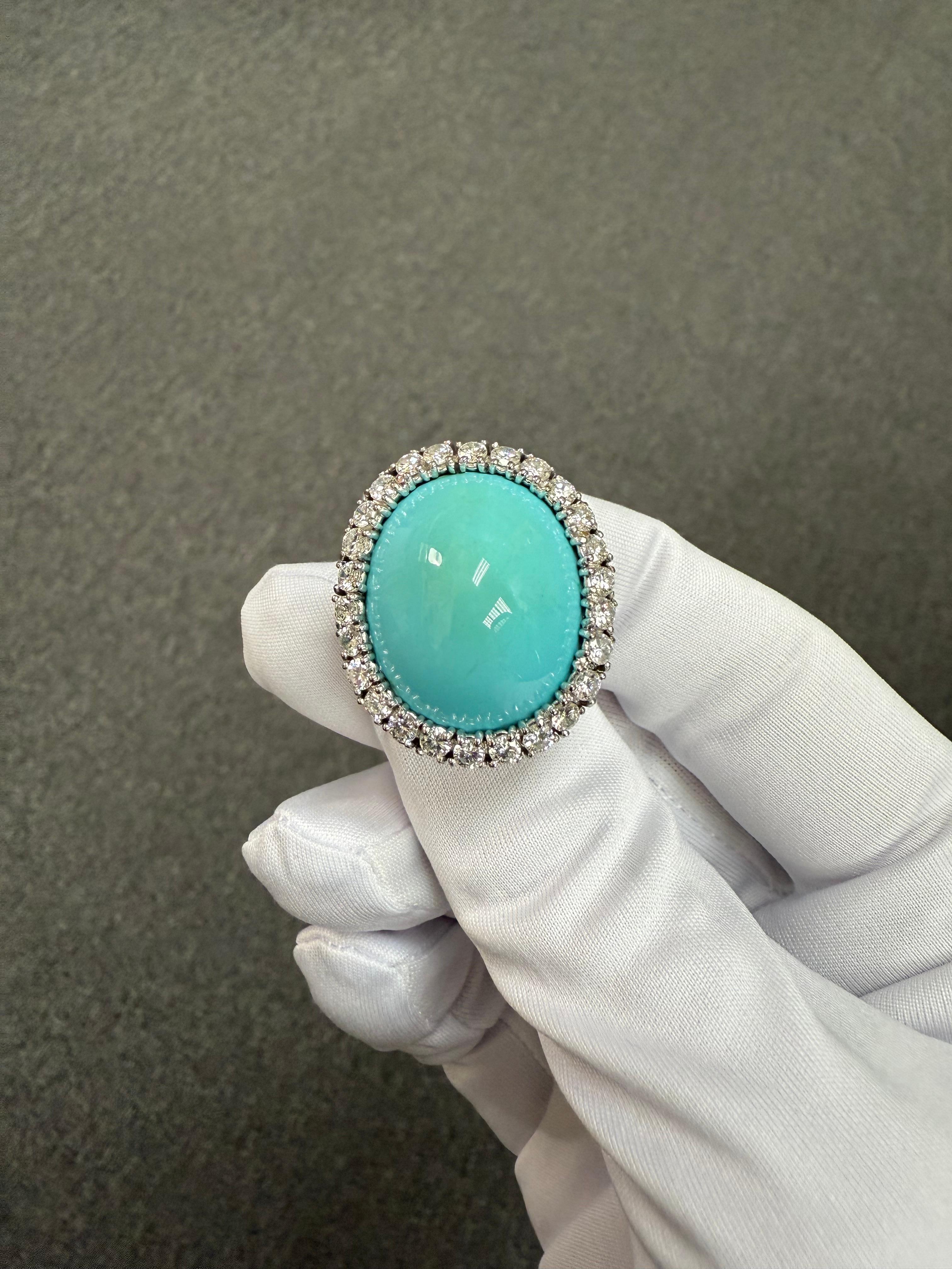 1950s Turquoise Diamond 18k White Gold Cocktail Ring For Sale 3