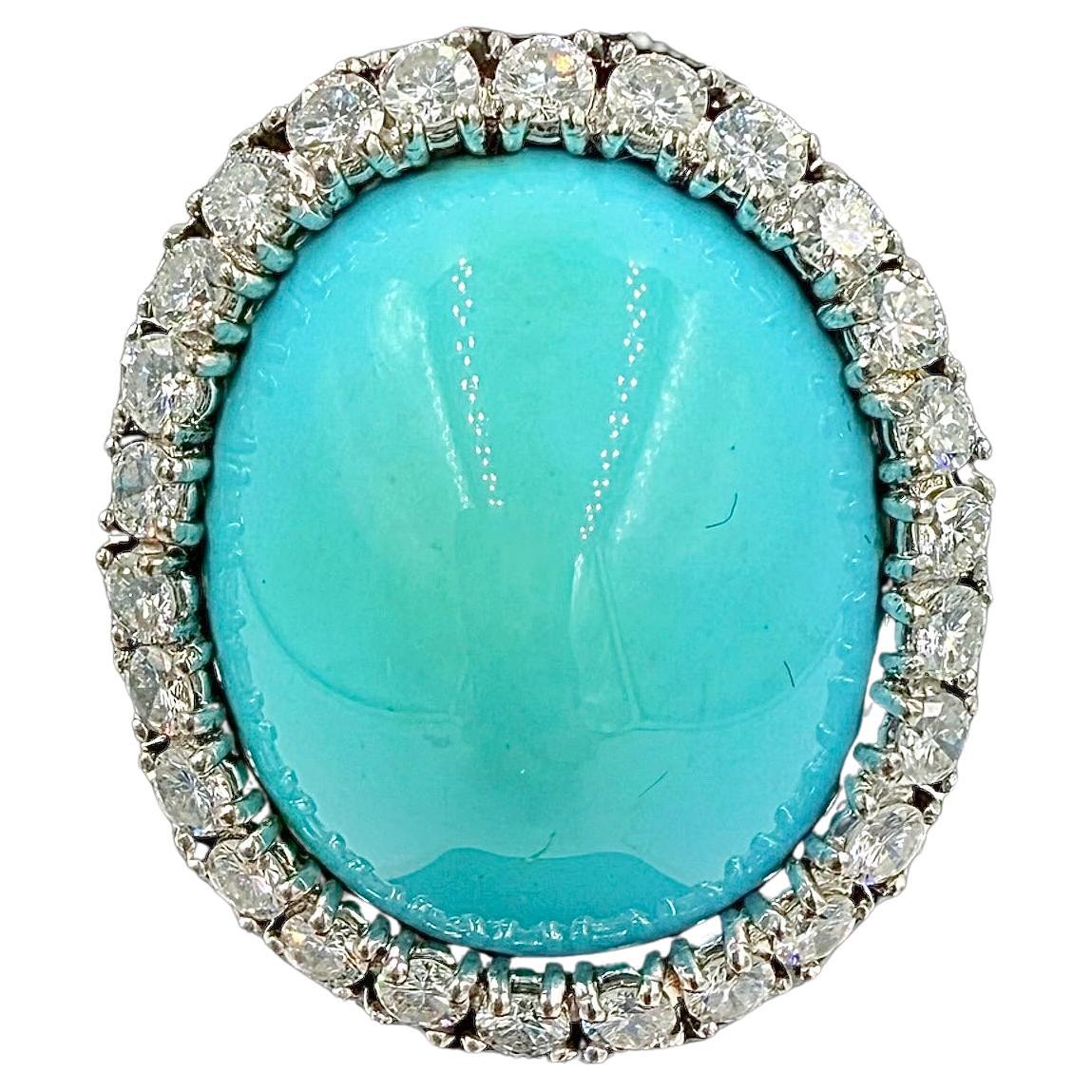 1950s Turquoise Diamond 18k White Gold Cocktail Ring