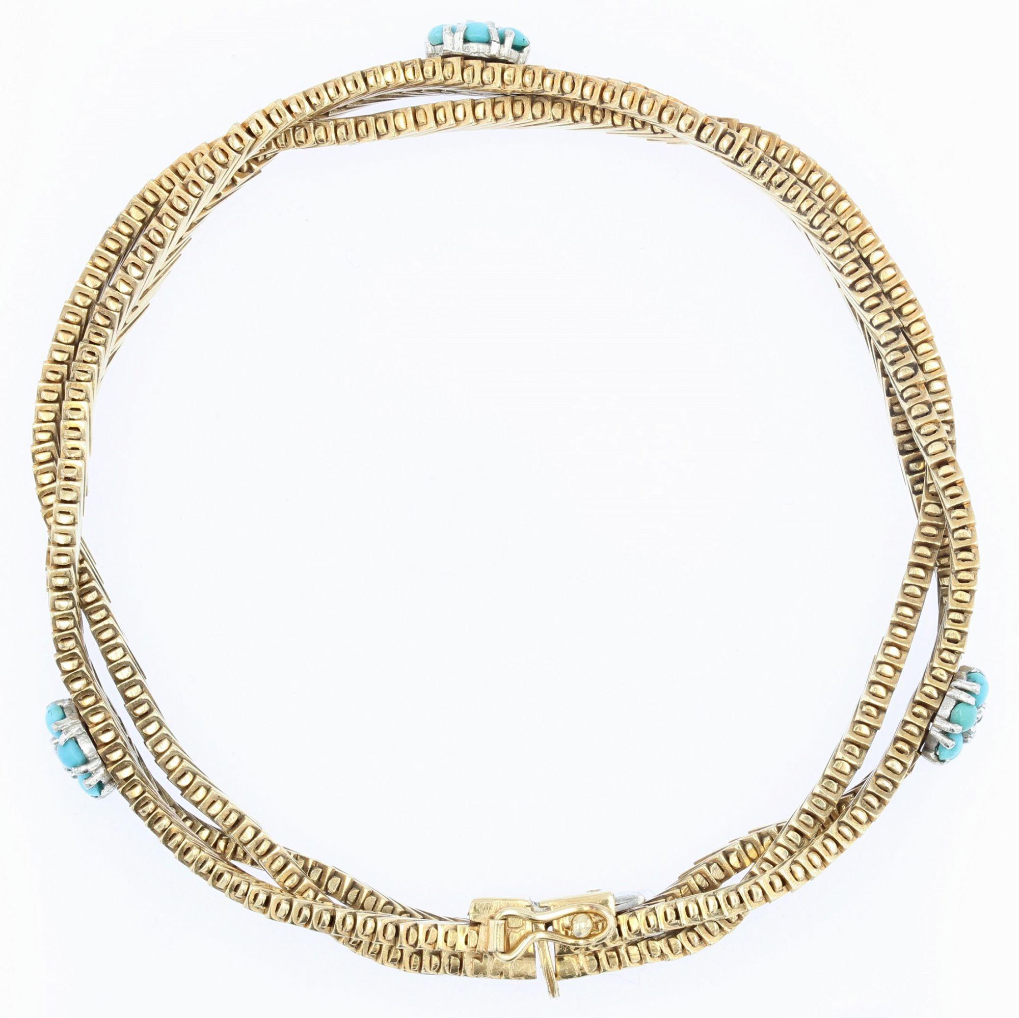 1950s Turquoise Diamond Flowers 18 Karat Yellow Gold Bracelet For Sale 2