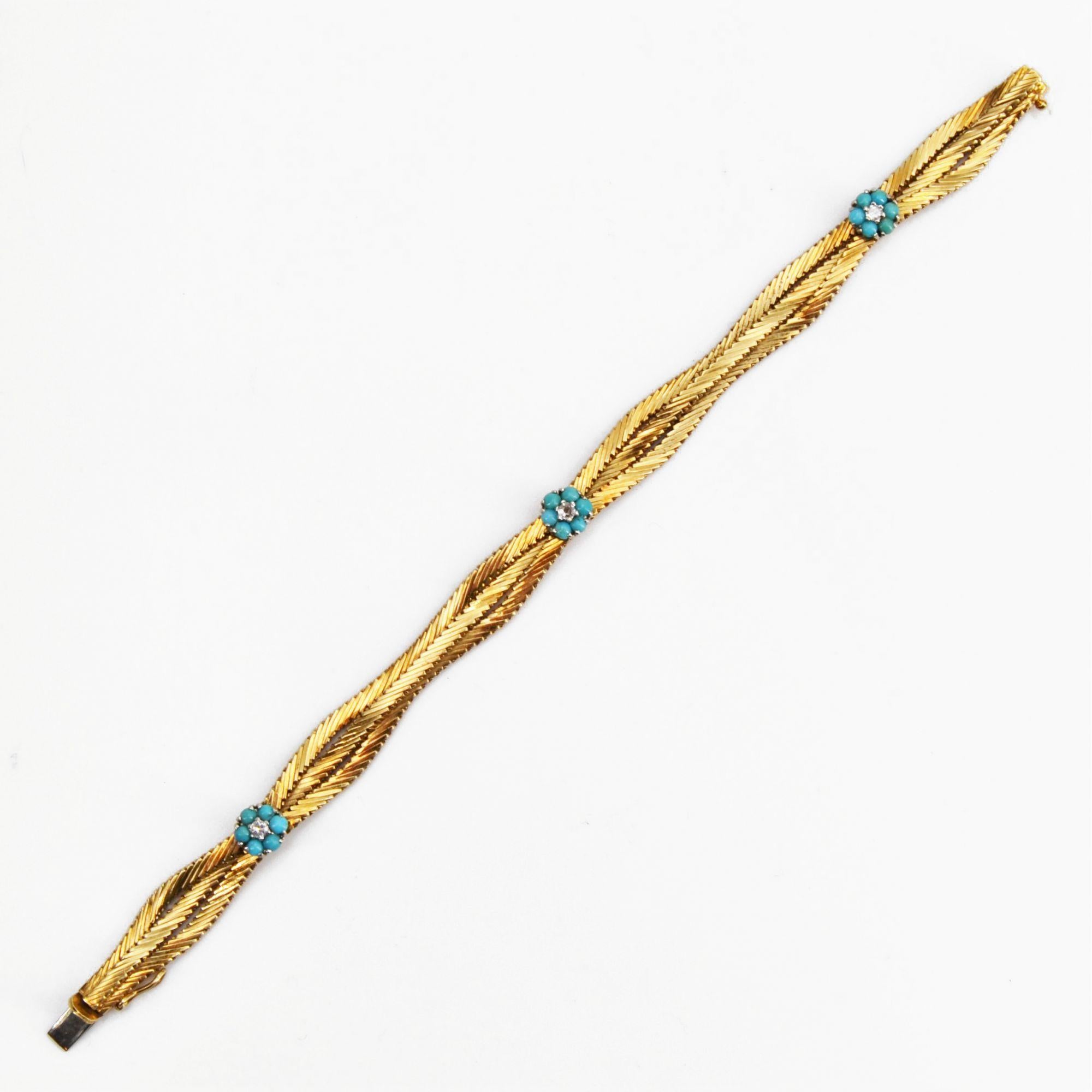 1950er Jahre Türkis-Diamant-Blumen-Armband aus 18 Karat Gelbgold (Cabochon) im Angebot