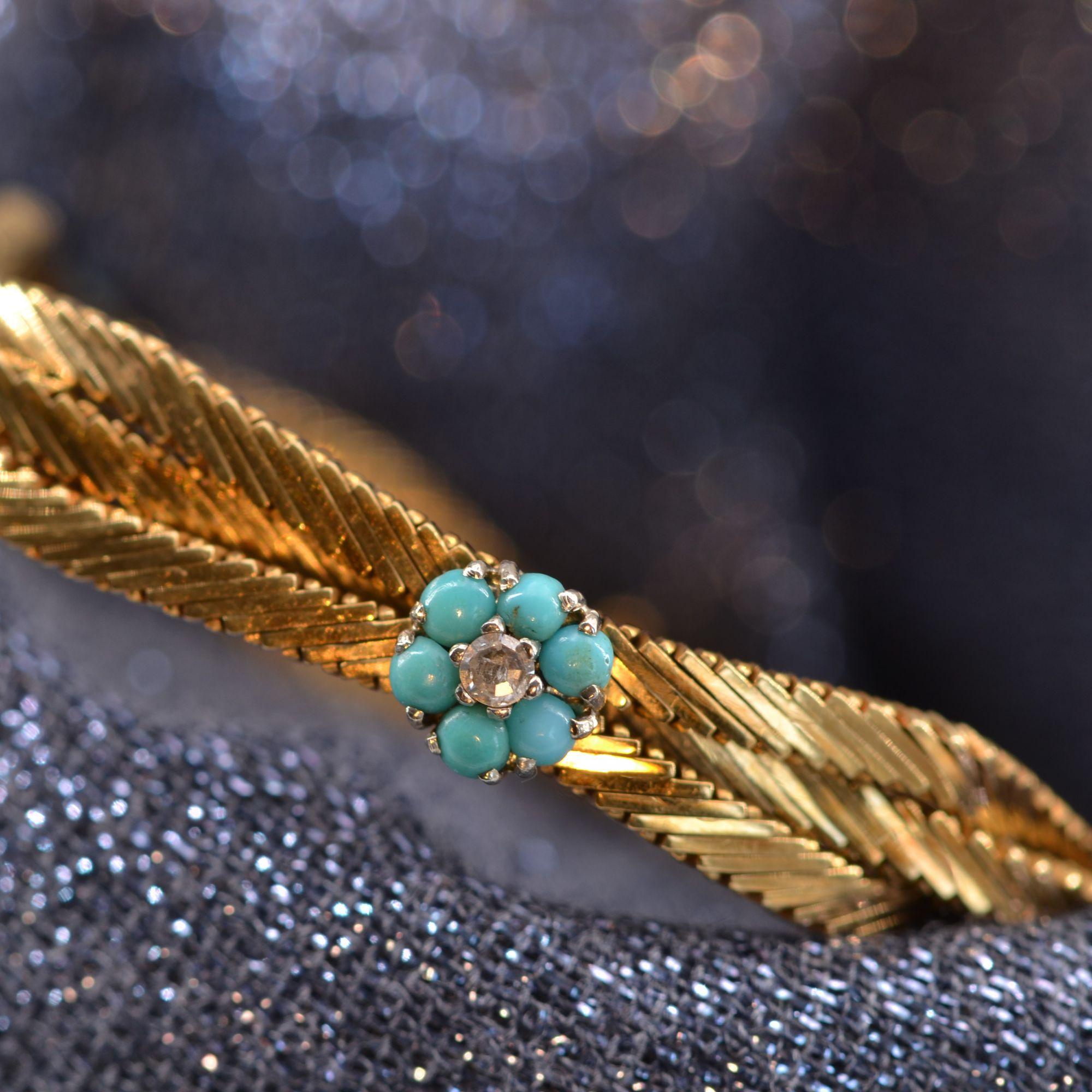 Retro 1950s Turquoise Diamond Flowers 18 Karat Yellow Gold Bracelet For Sale