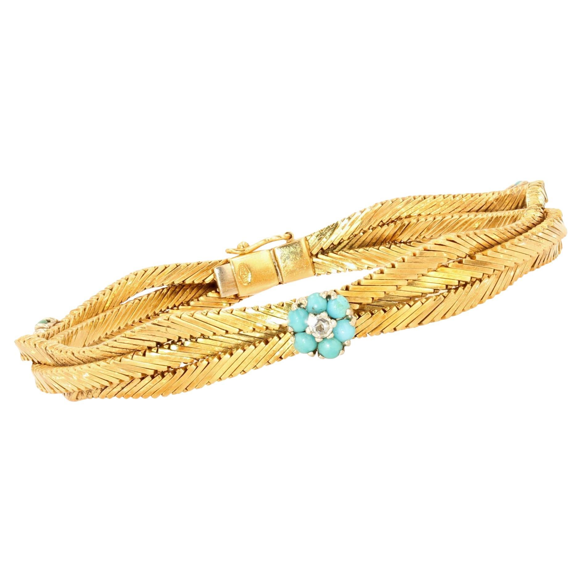 Bracelet à fleurs en or jaune 18 carats avec turquoises et diamants, années 1950