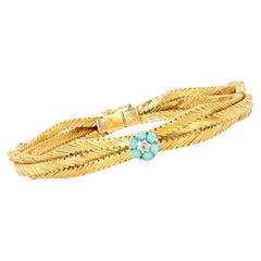 Vintage 1950s Turquoise Diamond Flowers 18 Karat Yellow Gold Bracelet
