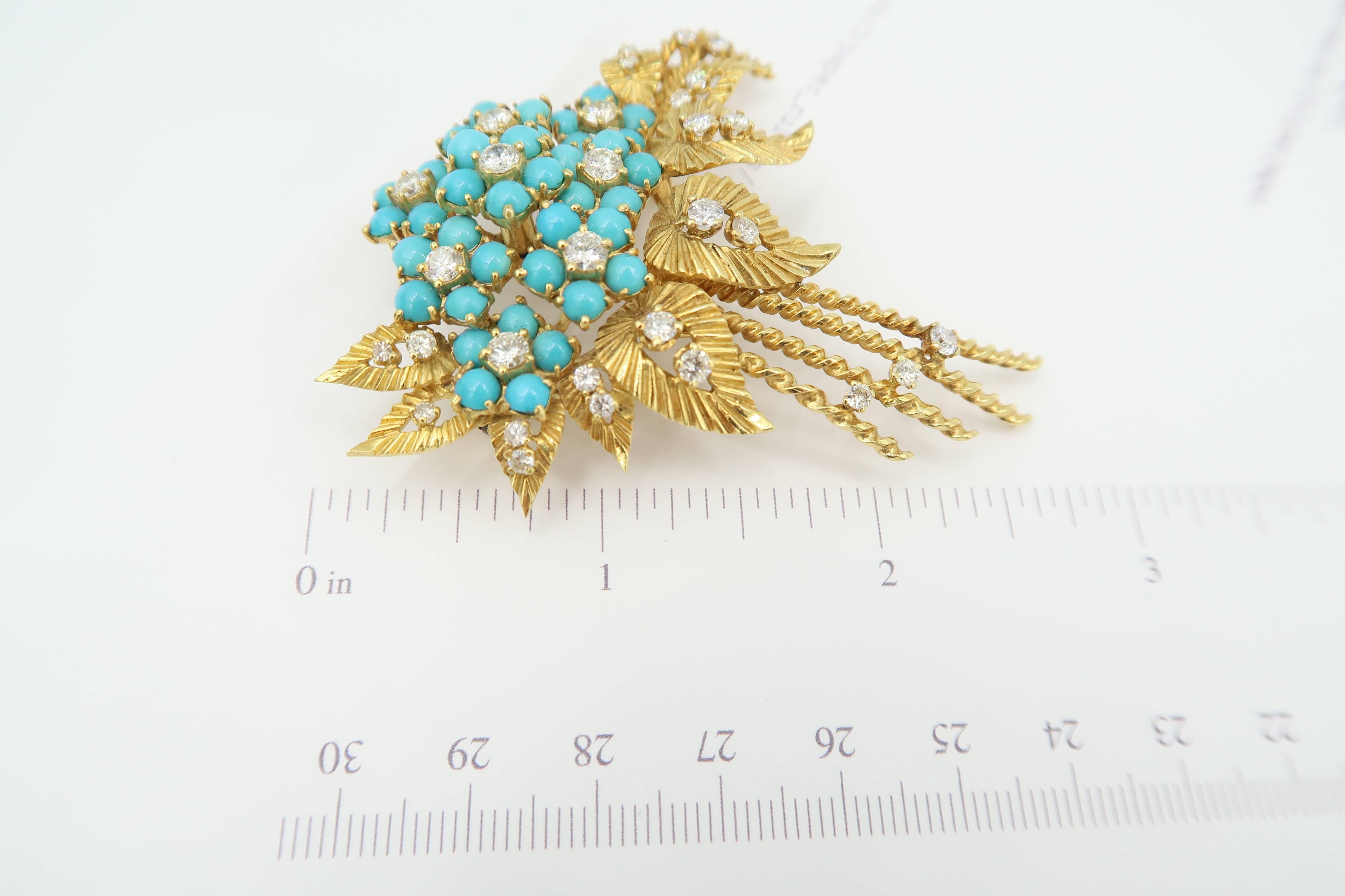 1950s Turquoise Diamond Gold Flower Bouquet Brooch and Leaf Clip on Earrings Set In Excellent Condition In Bangkok, TH