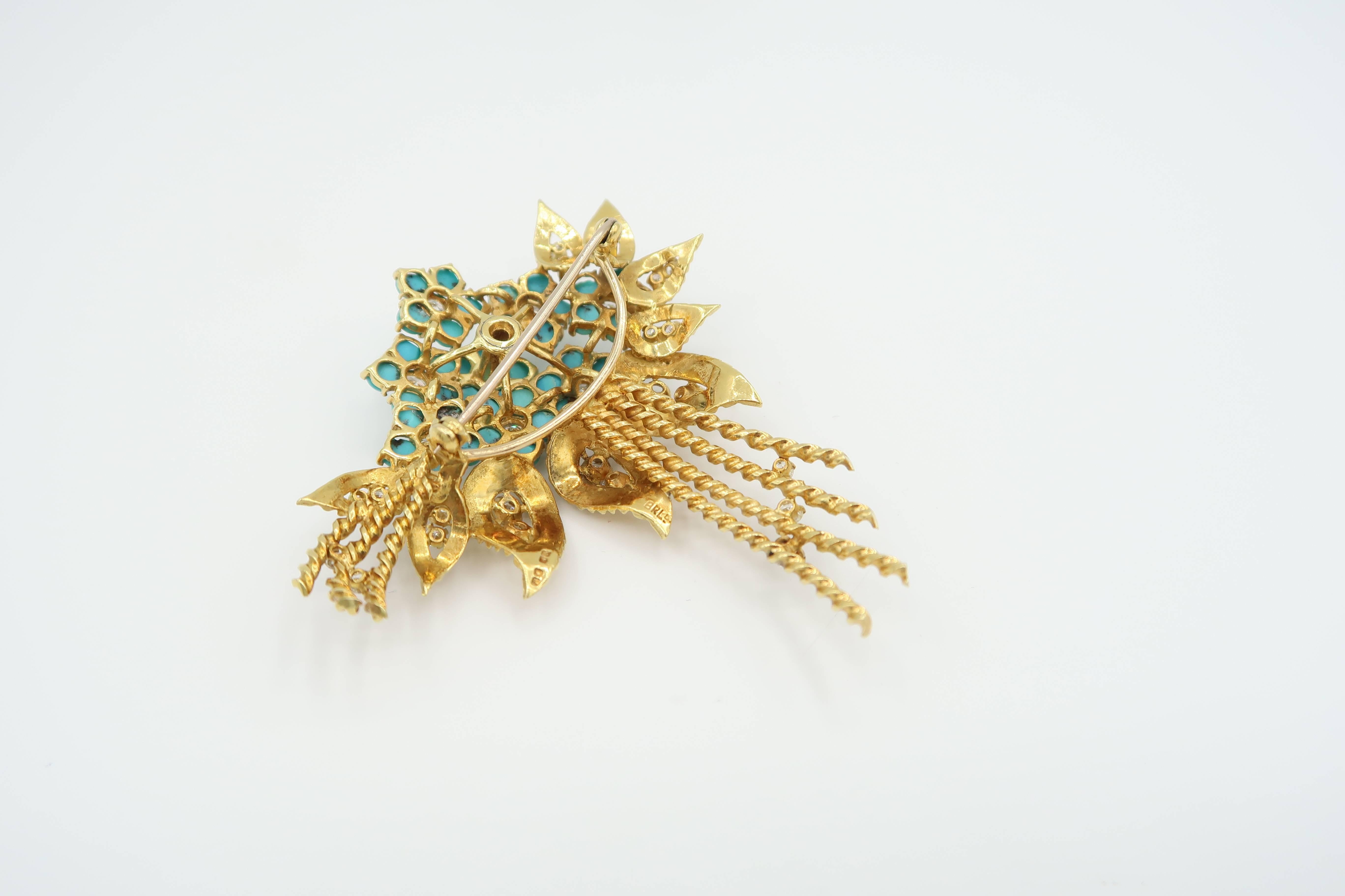 Women's 1950s Turquoise Diamond Gold Flower Bouquet Brooch and Leaf Clip on Earrings Set