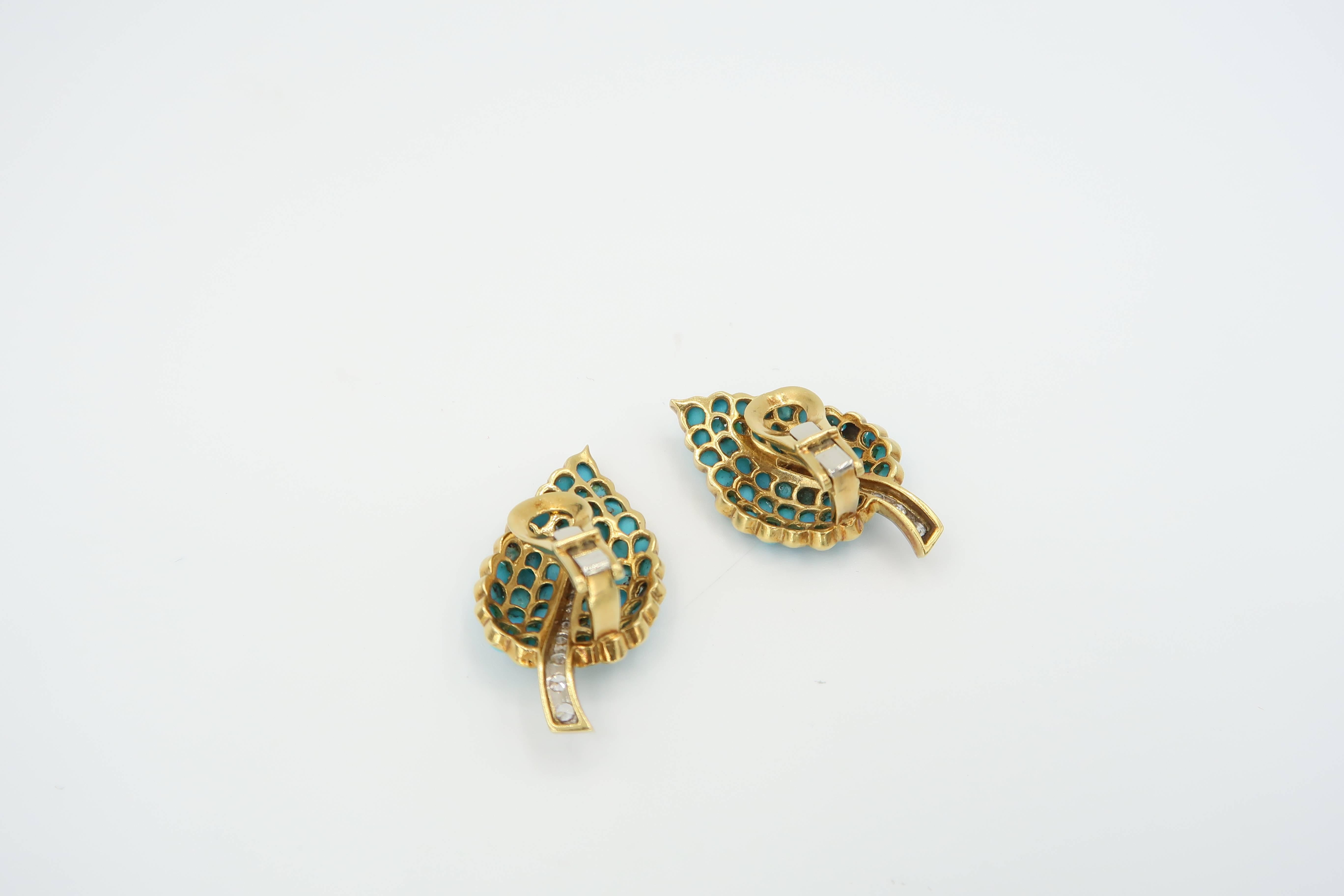 1950s Turquoise Diamond Gold Flower Bouquet Brooch and Leaf Clip on Earrings Set 2