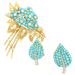 1950s Turquoise Diamond Gold Flower Bouquet Brooch and Leaf Clip on Earrings Set