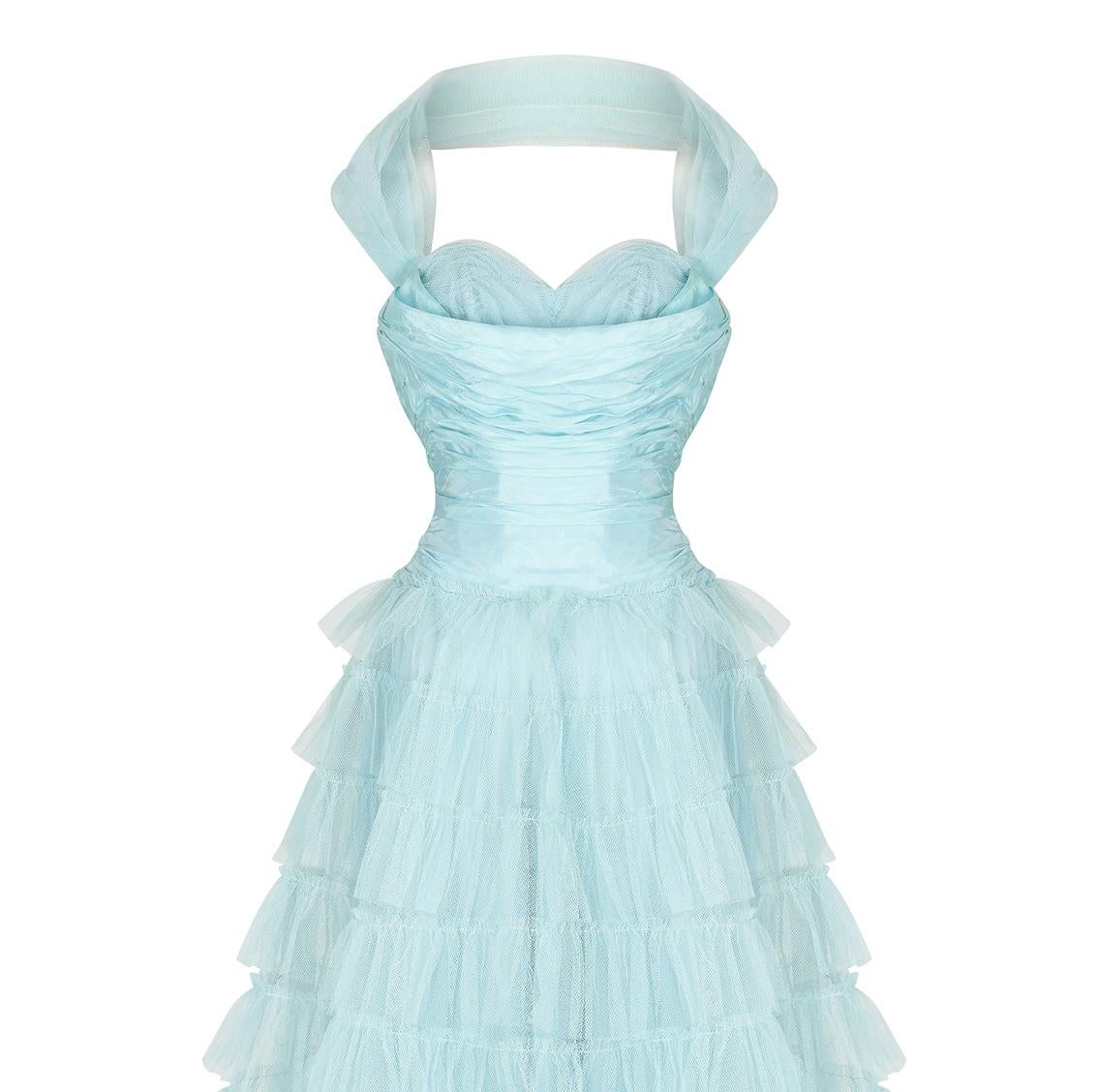 Women's 1950s Turquoise Layered Tulle Net Halterneck Dress For Sale