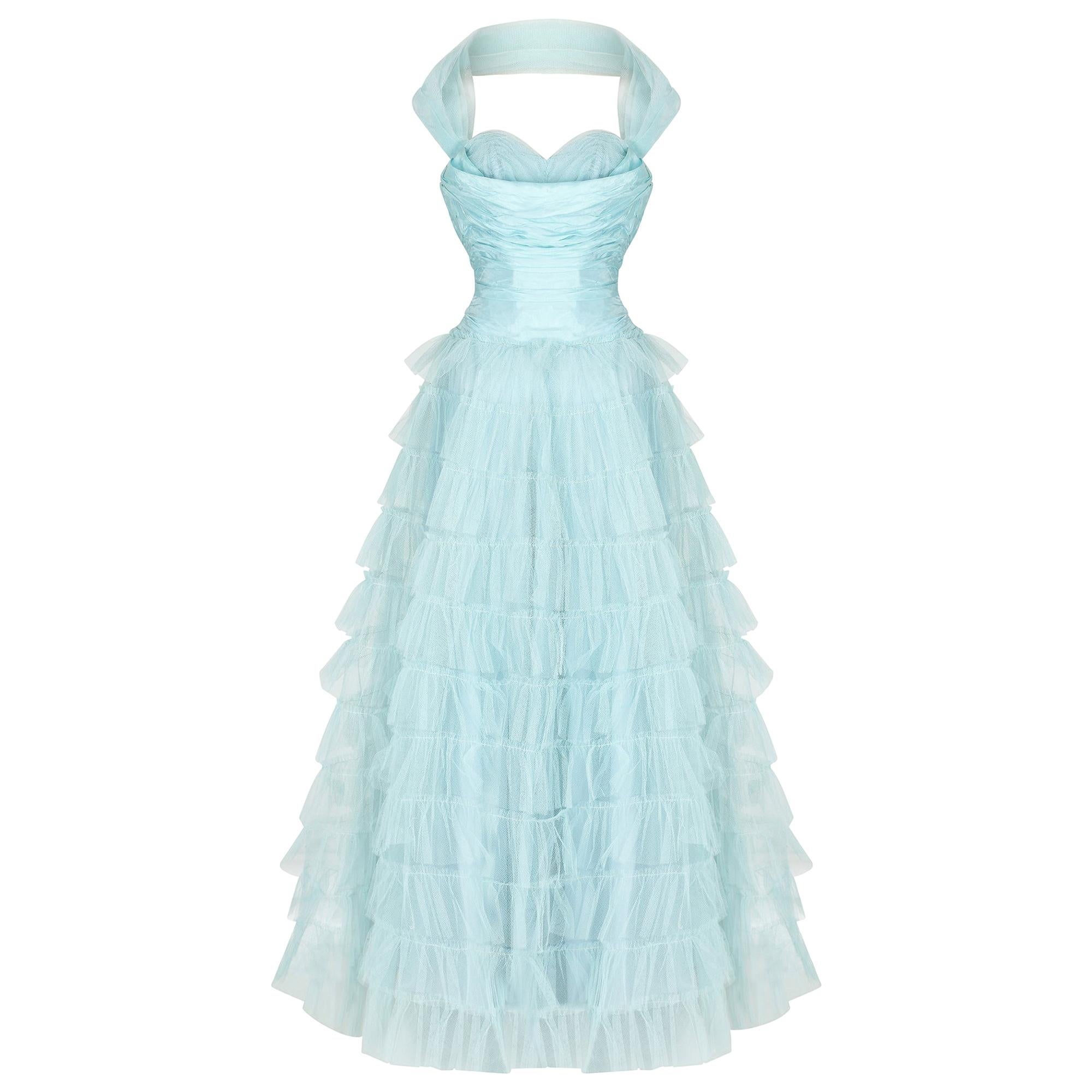 1950er Türkisfarbenes mehrlagiges Tüllnetz-Halfterneck-Kleid im Angebot