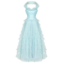 1950s Turquoise Layered Tulle Net Halterneck Dress