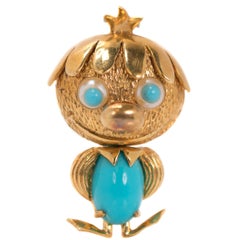 1950s Turquoise, Pearl, 18 Karat Yellow Gold Brooch