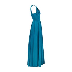 1950s Turquoise Satin Pearl-Adorned Evening Dress with Bow Bust