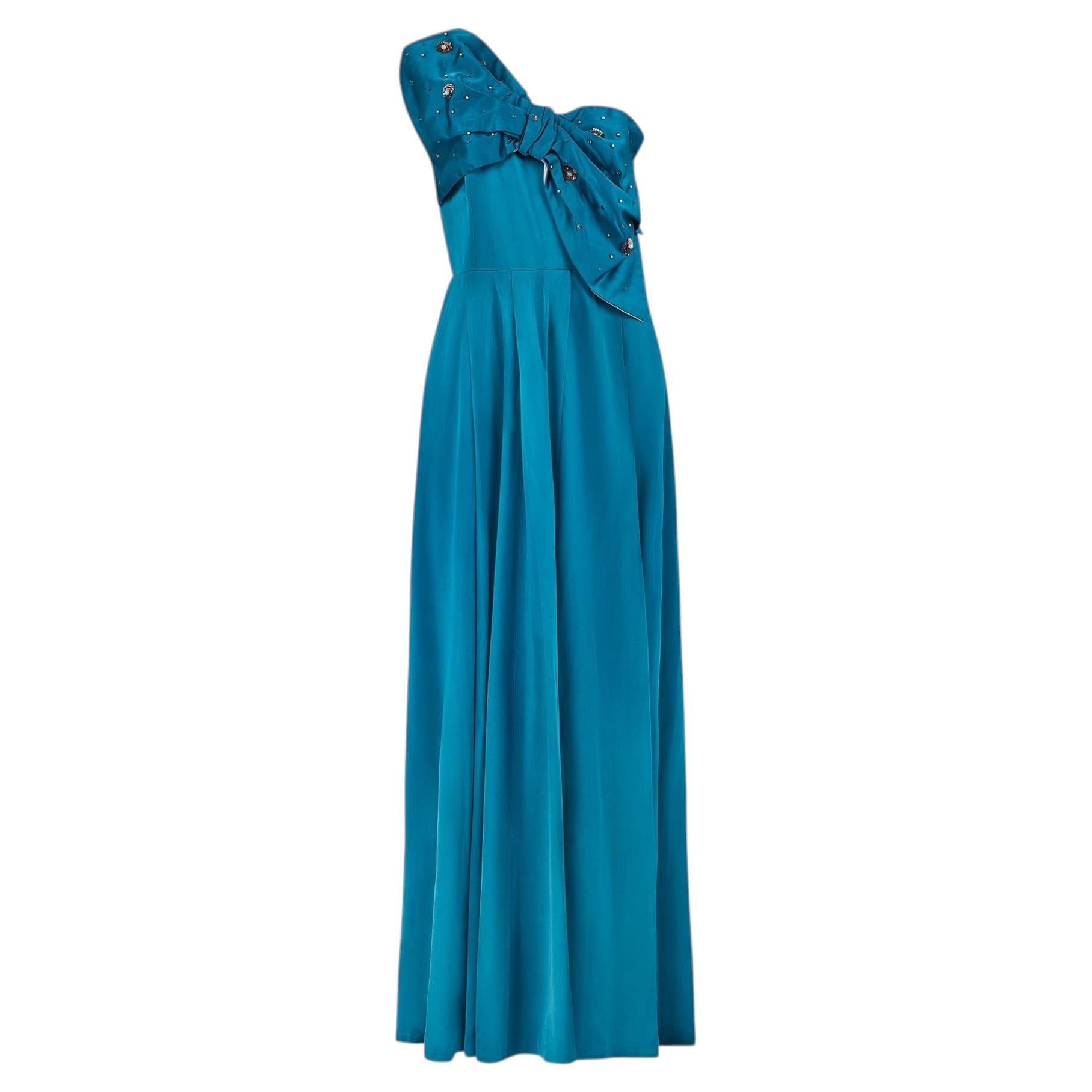 1950s Turquoise Satin Pearl-Adorned Evening Dress with Bow Bust For Sale