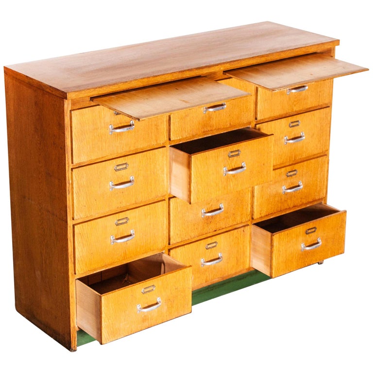 1950s Twelve-Drawer Original Oak Apothecary Cabinet, Chest of Drawers