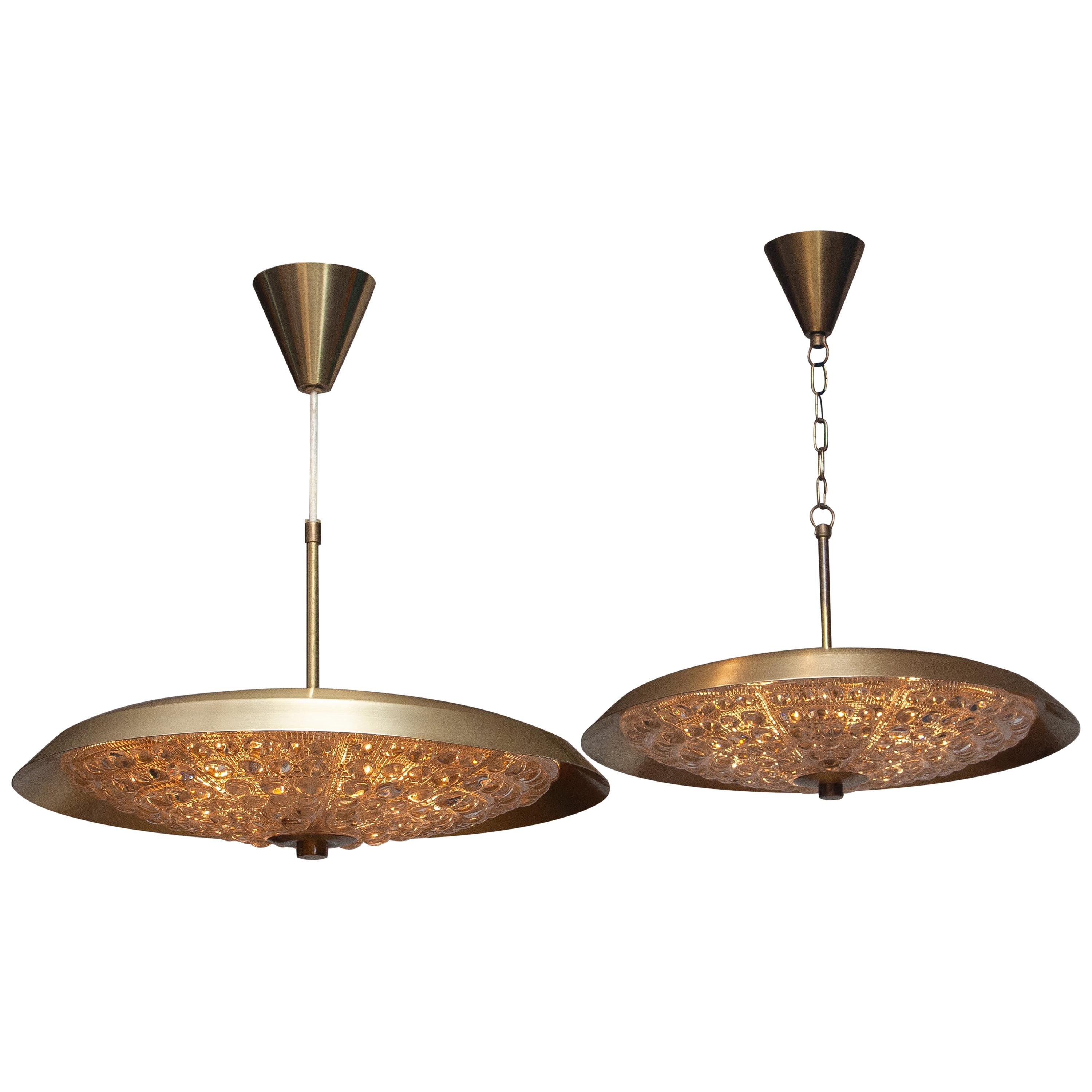 Mid-Century Modern 1950s Two Brass and Glass Ceiling Lamps Designed by Carl Fagerlund for Orrefors