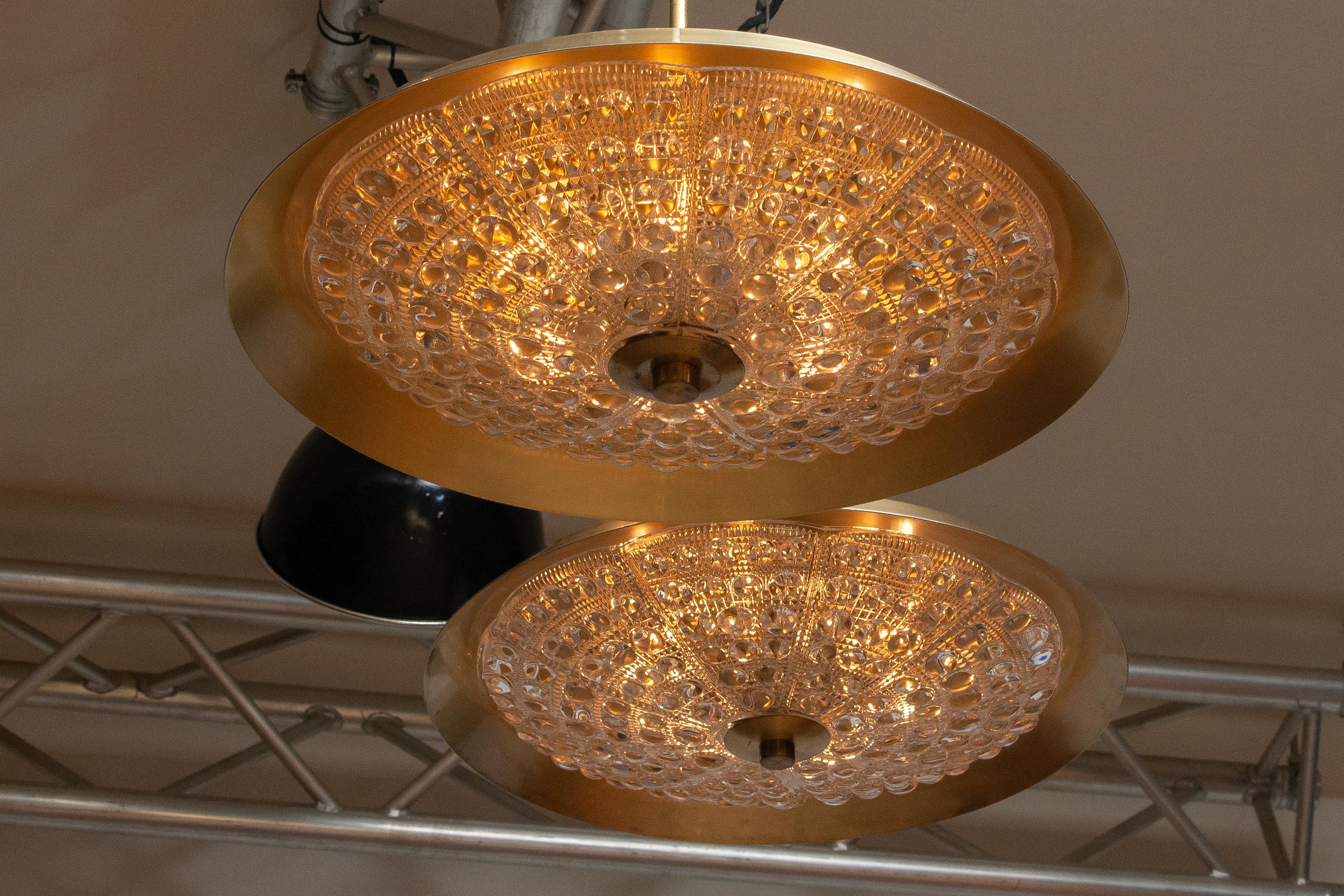 Swedish 1950s Two Brass and Glass Ceiling Lamps Designed by Carl Fagerlund for Orrefors