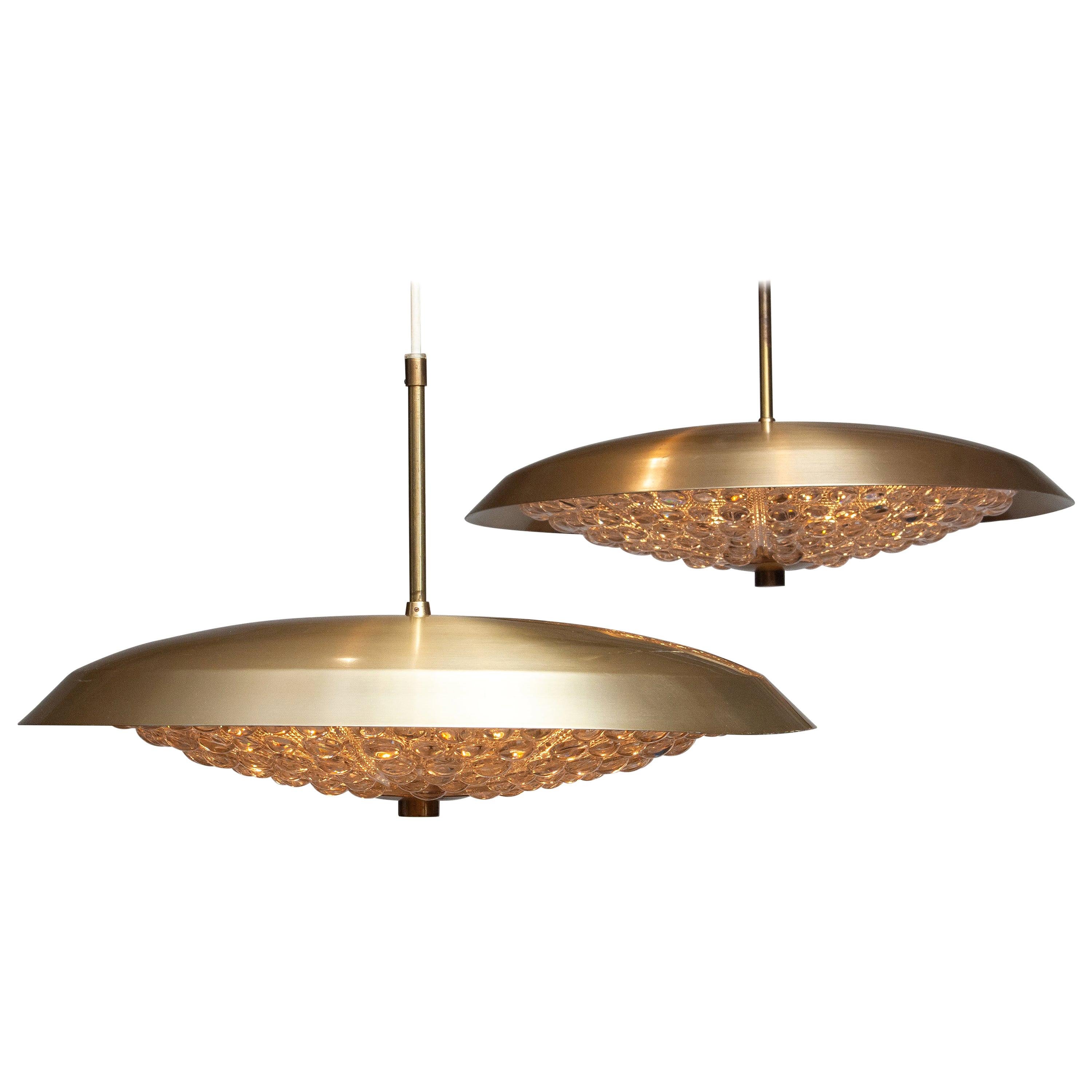1950s Two Brass and Glass Ceiling Lamps Designed by Carl Fagerlund for Orrefors