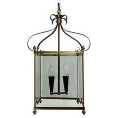 Vintage 1950s Two-Light Italian Ceiling Lantern. Brass Frame with Smoky Glass Panes