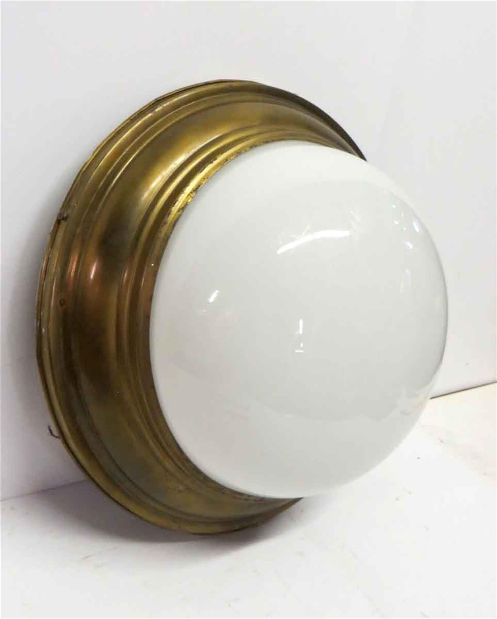 American 1950s Two-Light Milk Glass Dome Light Flush Mount Fixture with Brass Rim