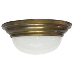 1950s Two-Light Milk Glass Dome Light Flush Mount Fixture with Brass Rim