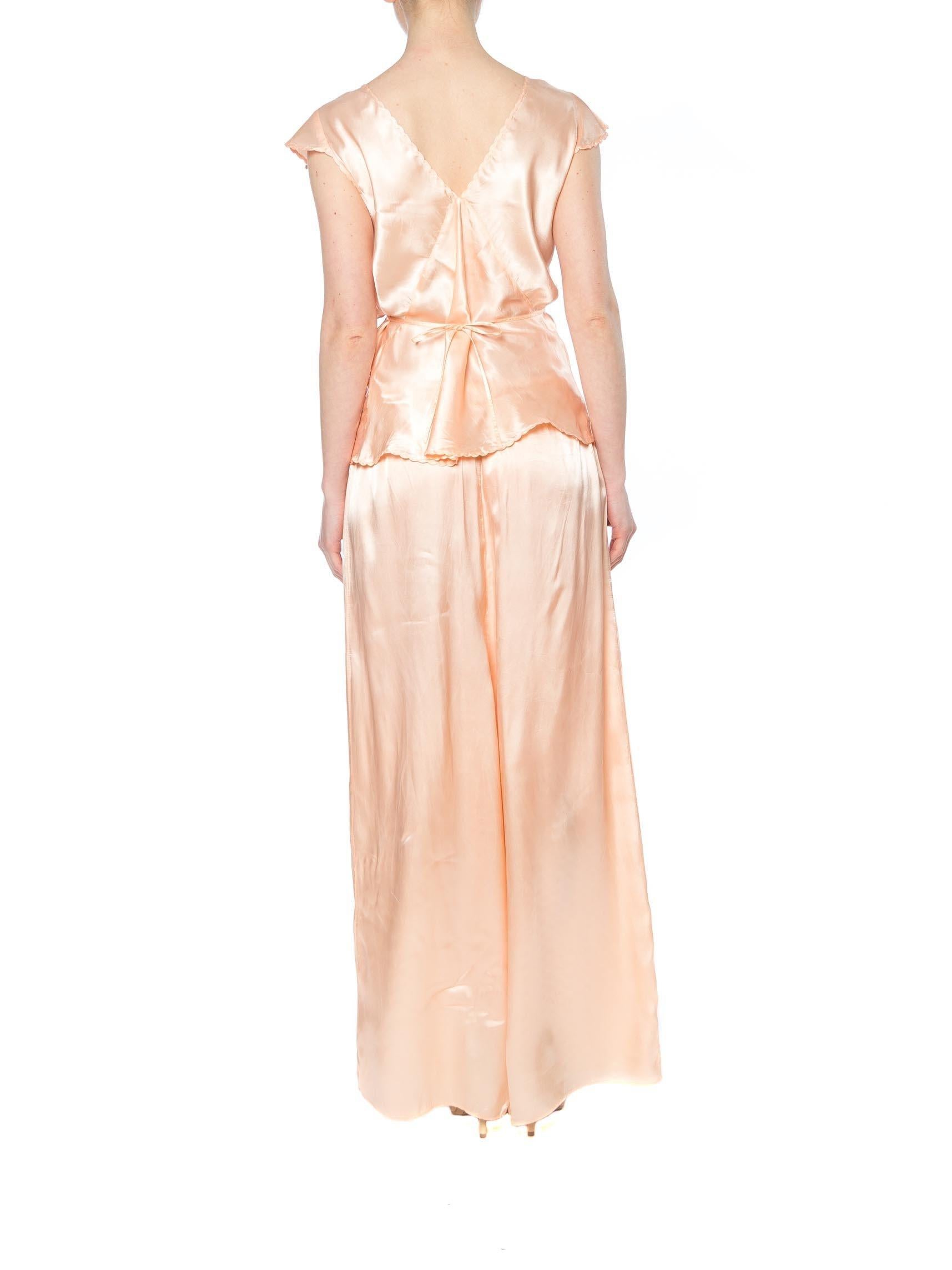 White 1940S Peach Rayon Satin Two Piece Pajamas Set For Sale