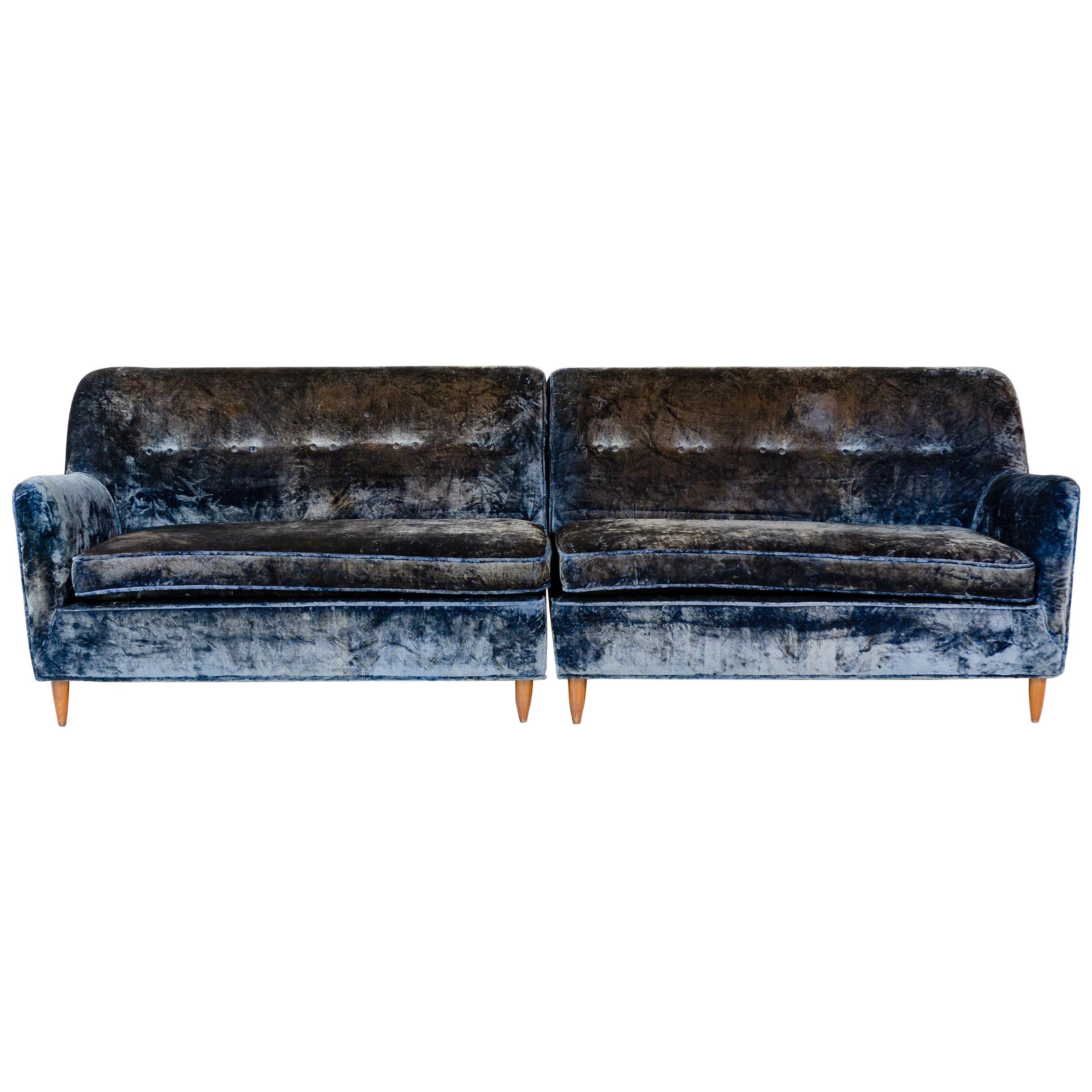 1950s Two-Piece Velvet Sofa in the Style of Gio Ponti