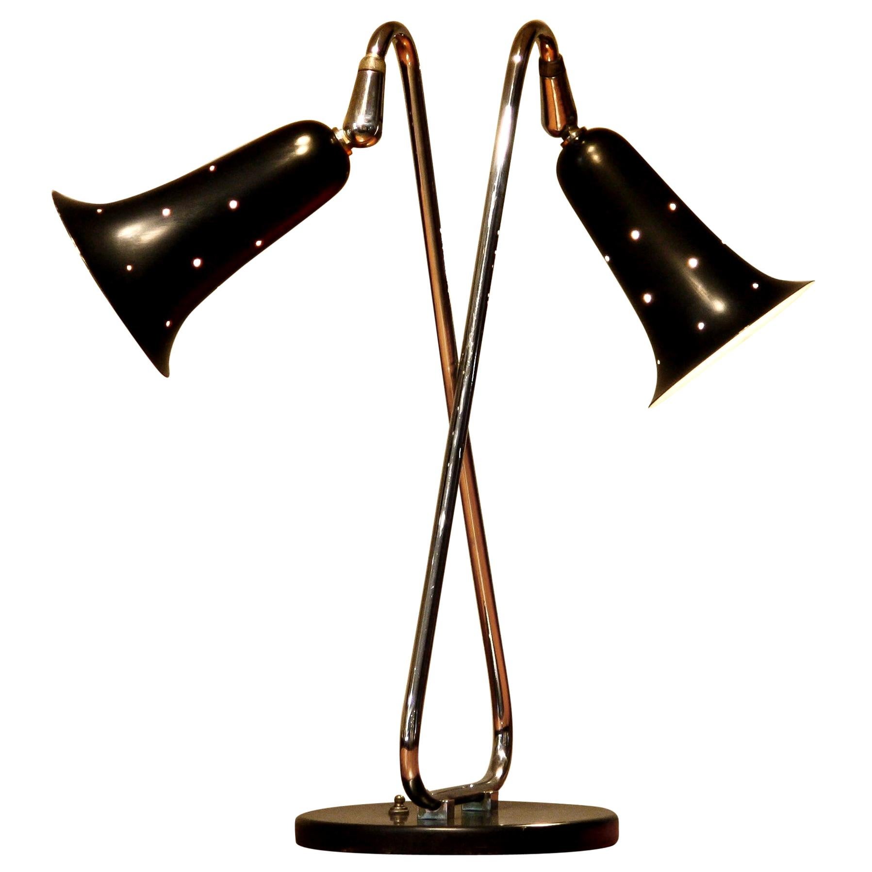 Mid-Century Modern 1950s, Two Shades Metal Black Lacquered and Chromed Desk/Table Lamp, USA