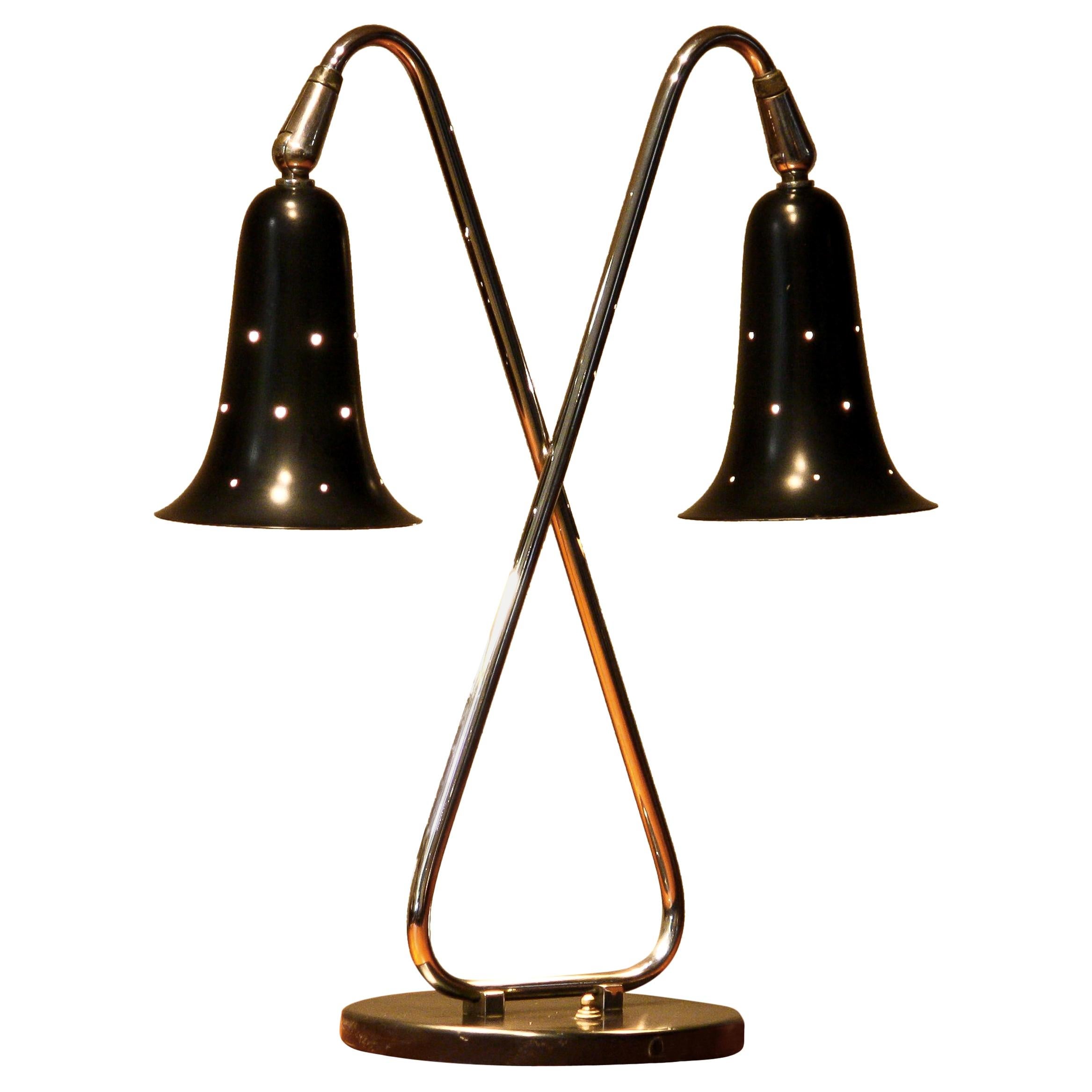 Central American 1950s, Two Shades Metal Black Lacquered and Chromed Desk/Table Lamp, USA