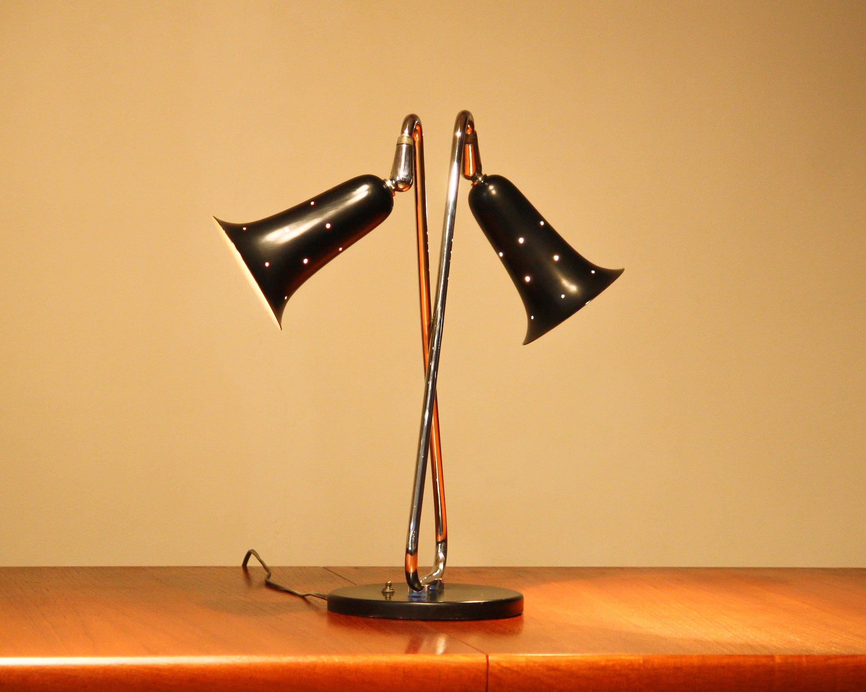Mid-20th Century 1950s, Two Shades Metal Black Lacquered and Chromed Desk/Table Lamp, USA