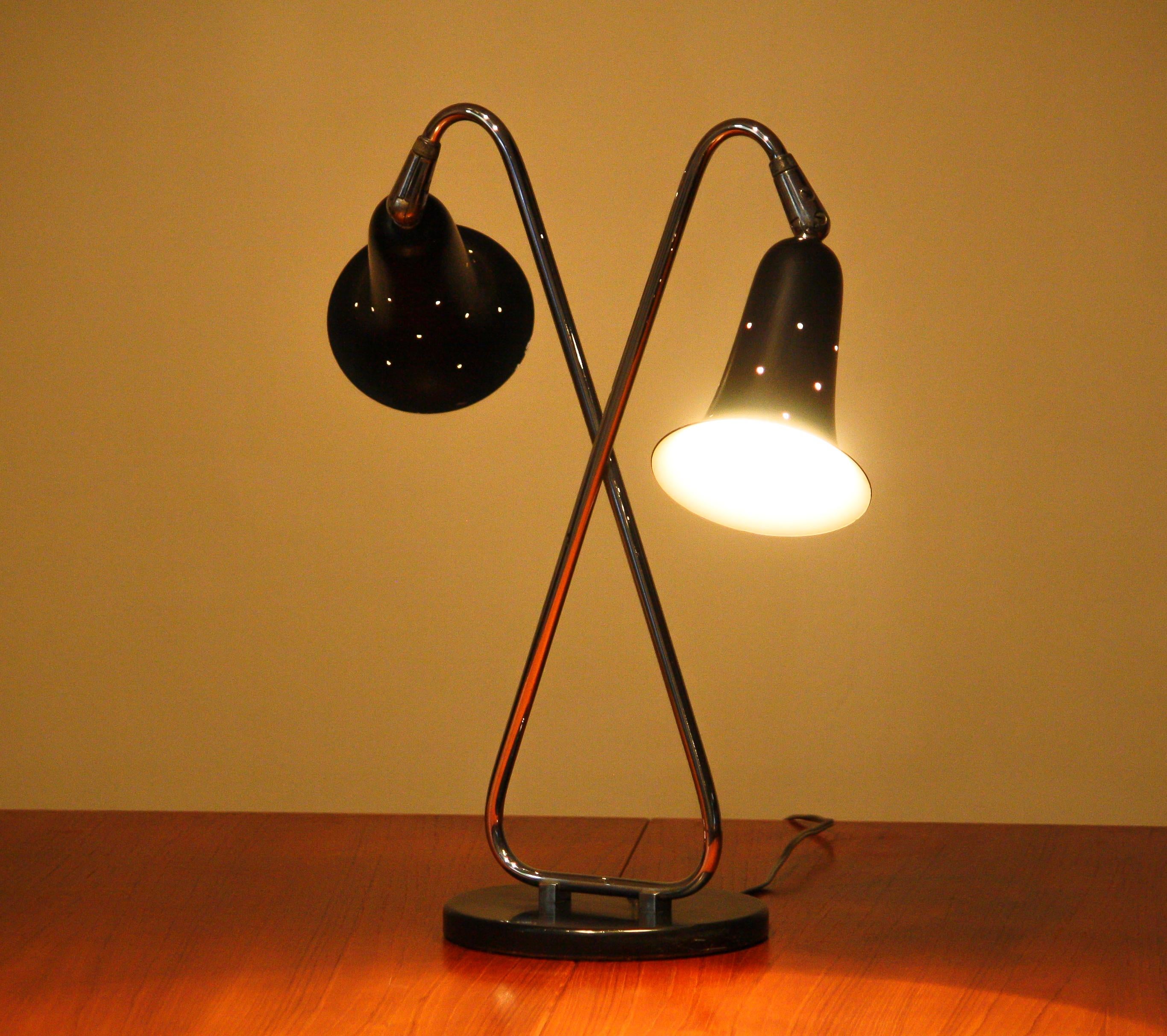 1950s, Two Shades Metal Black Lacquered and Chromed Desk/Table Lamp, USA 1