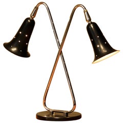 1950s, Two Shades Metal Black Lacquered and Chromed Desk/Table Lamp, USA