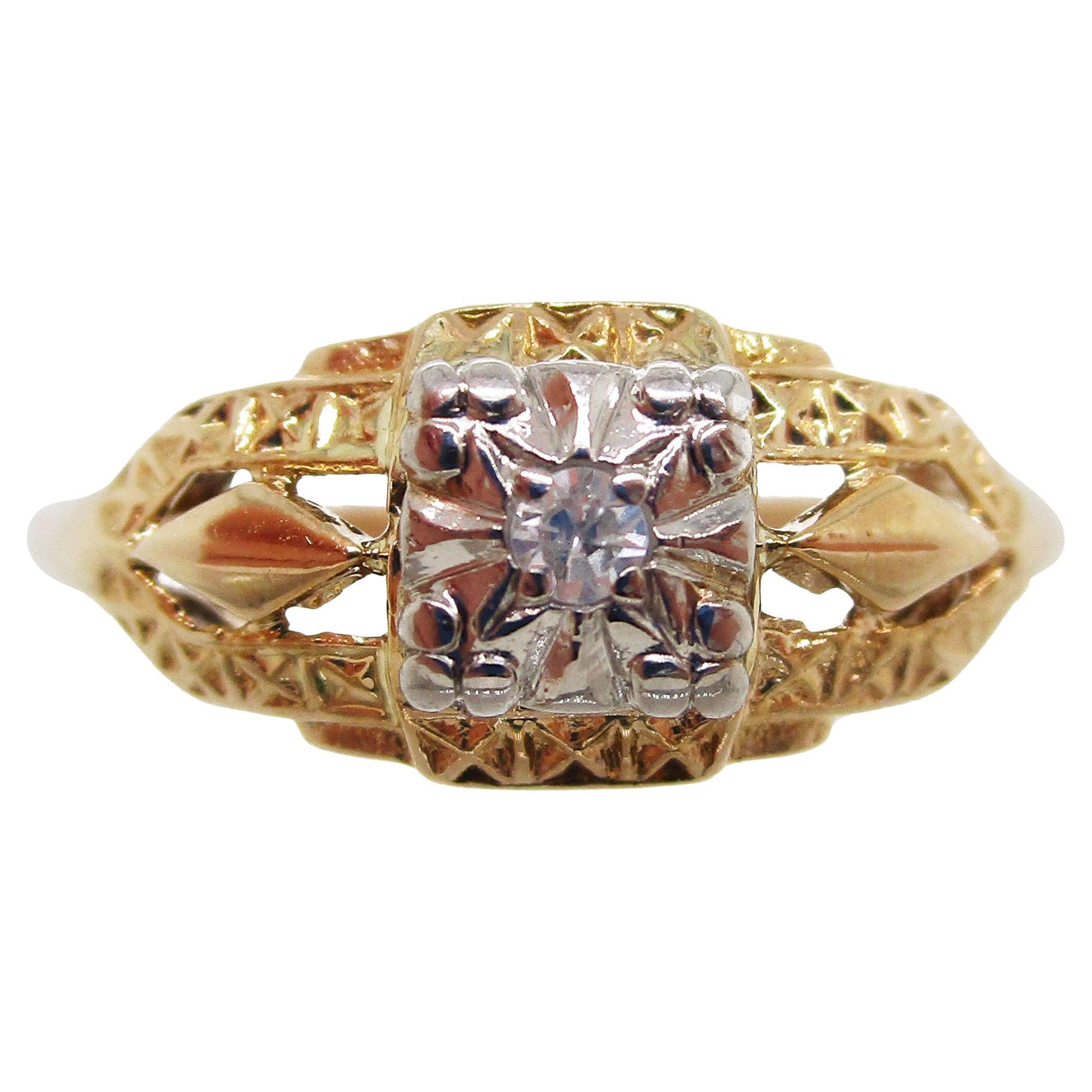 1950's Two-Tone Yellow and White Gold Diamond Engagement Ring For Sale