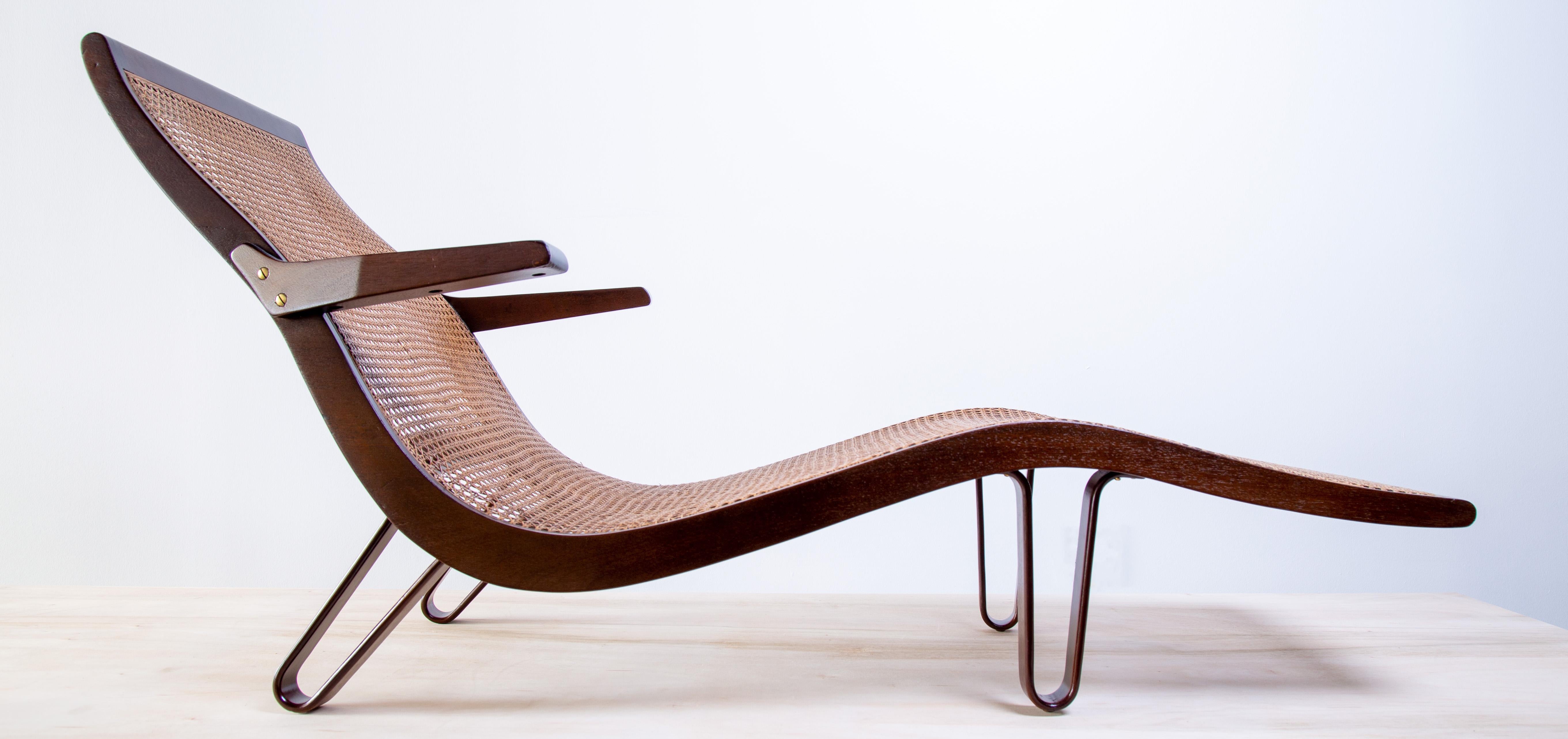 Mid-Century Modern 1950s Ultra Rare Cane and Mahogany Chaise designed by Edward Wormley for Dunbar