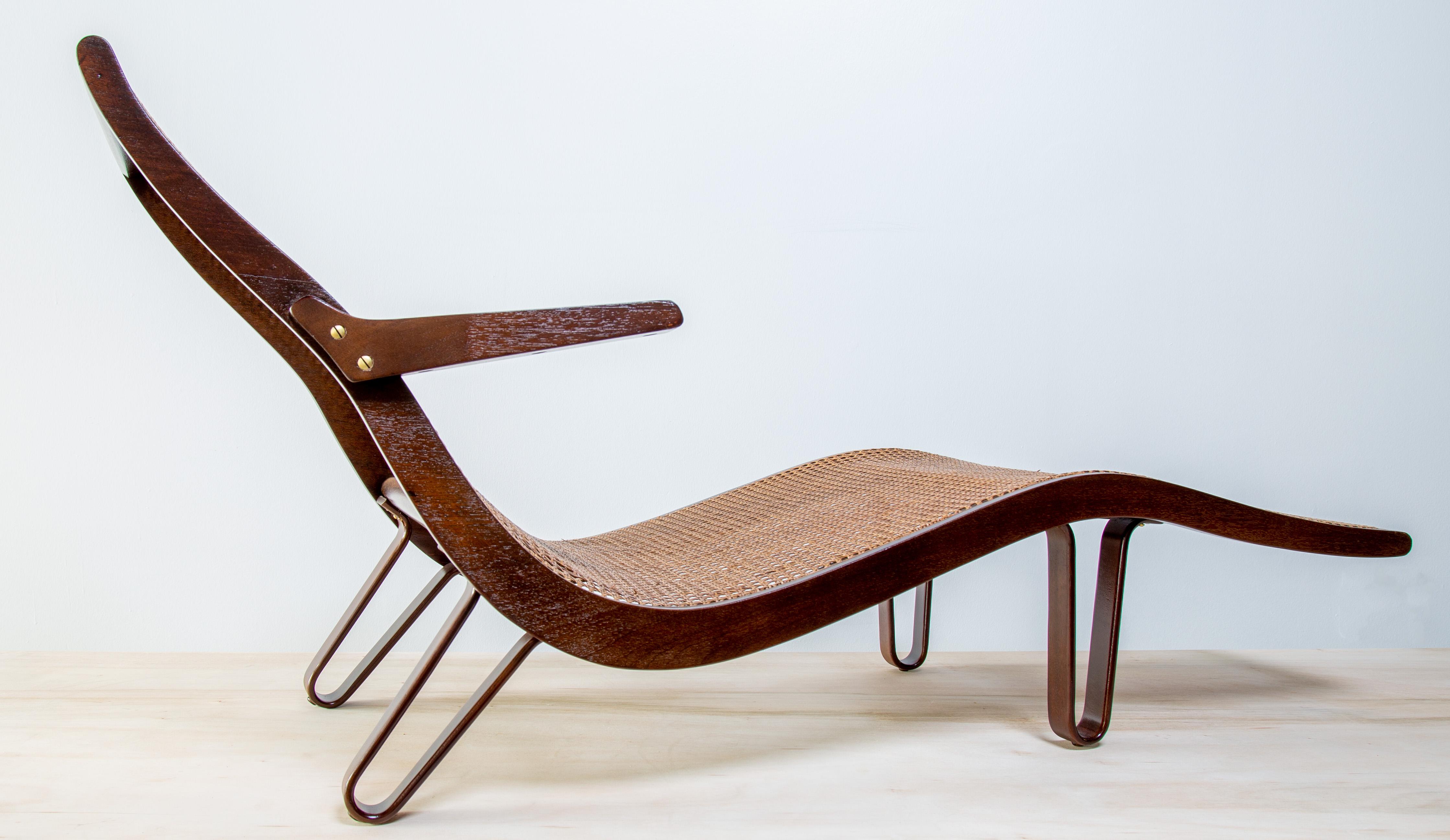 American 1950s Ultra Rare Cane and Mahogany Chaise designed by Edward Wormley for Dunbar