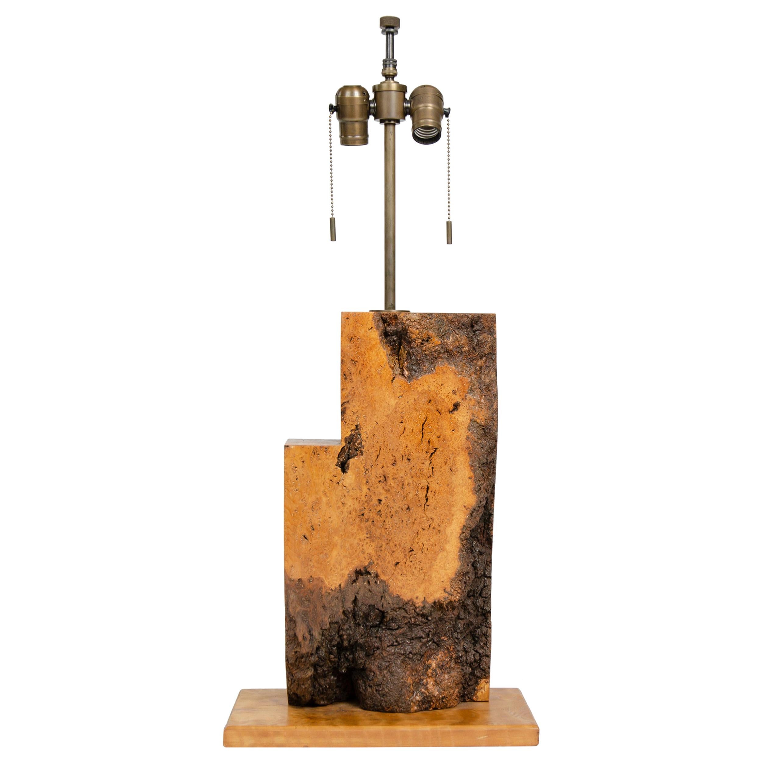 1950s Unattributed American Craftsman Burled Wood Slab Table Lamp For Sale