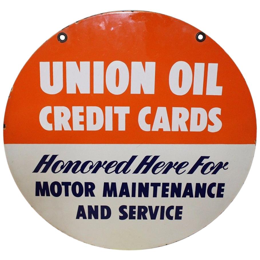 1950s Union Oil "Credit Cards" Double Side Porcelain Sign For Sale