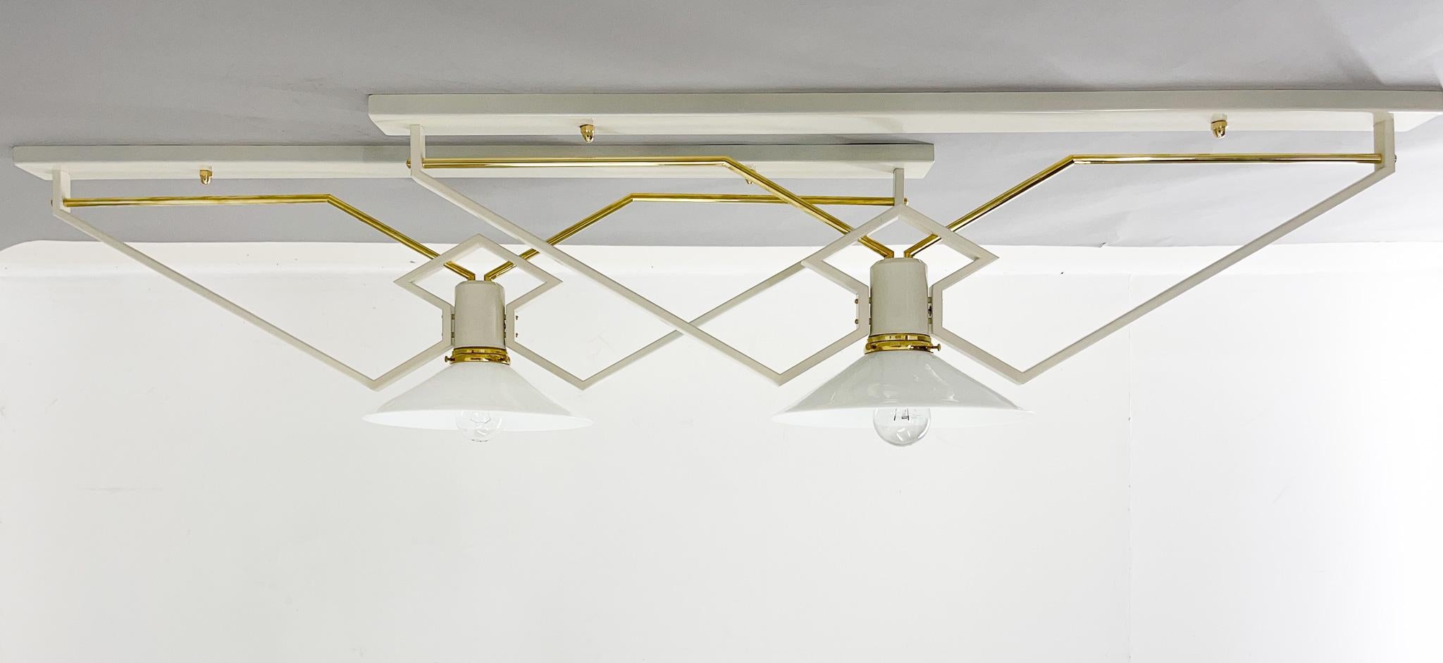 One of kind ceiling lights, made of metal, brass and milk glass. Made to order for the Czechoslovakian factory director's villa in the 1950s. Rewired: 1 x E25-E27 bulbs. US wiring compatible.