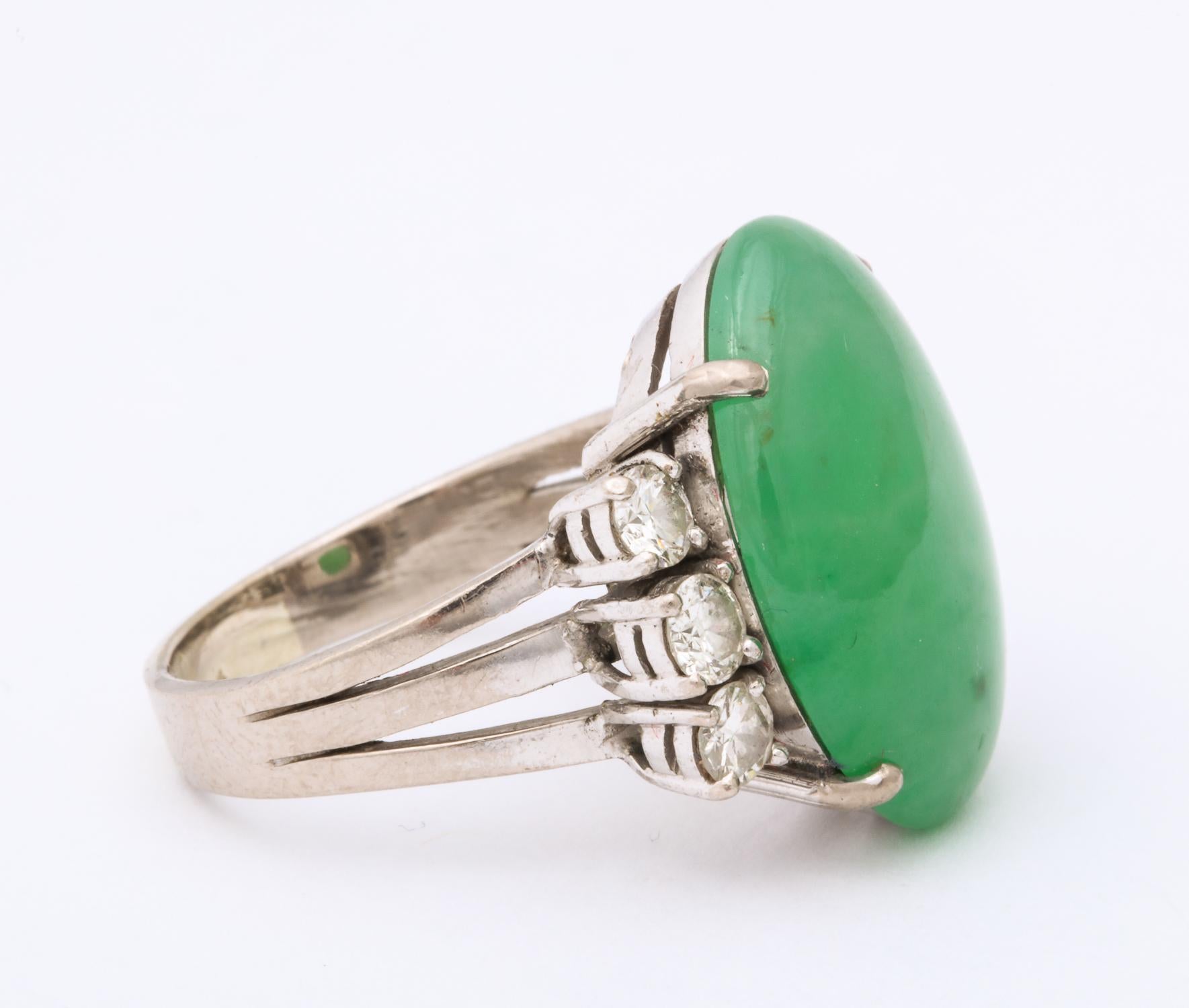 1950s Unisex Oval Cut Beautiful Color Jadeite With Diamonds White Gold Ring 1