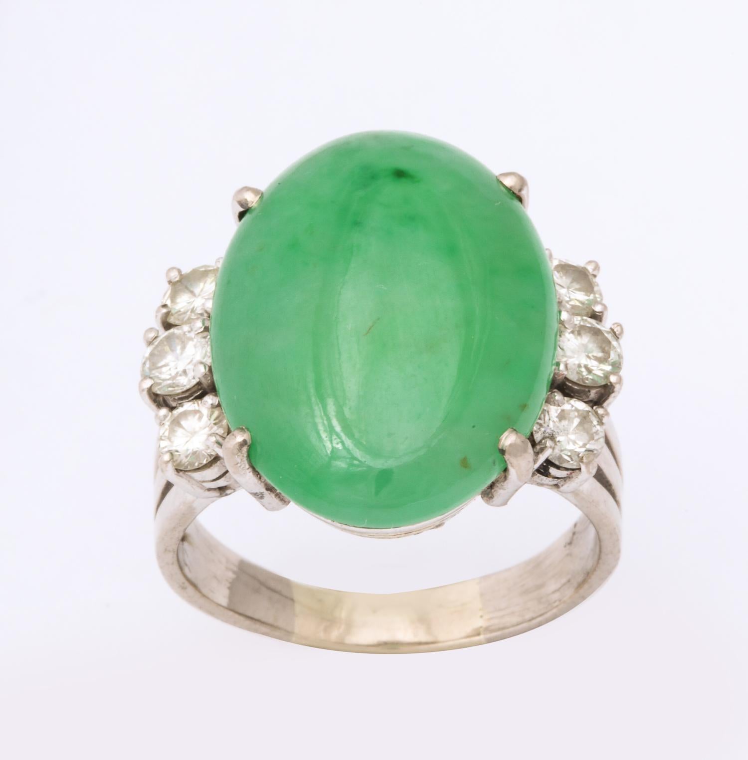 1950s Unisex Oval Cut Beautiful Color Jadeite With Diamonds White Gold Ring 2