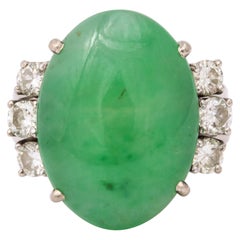 1950s Unisex Oval Cut Beautiful Color Jadeite With Diamonds White Gold Ring