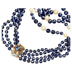 1950s Unsigned Designer Blue Faceted Crystal Glass Layered Necklace