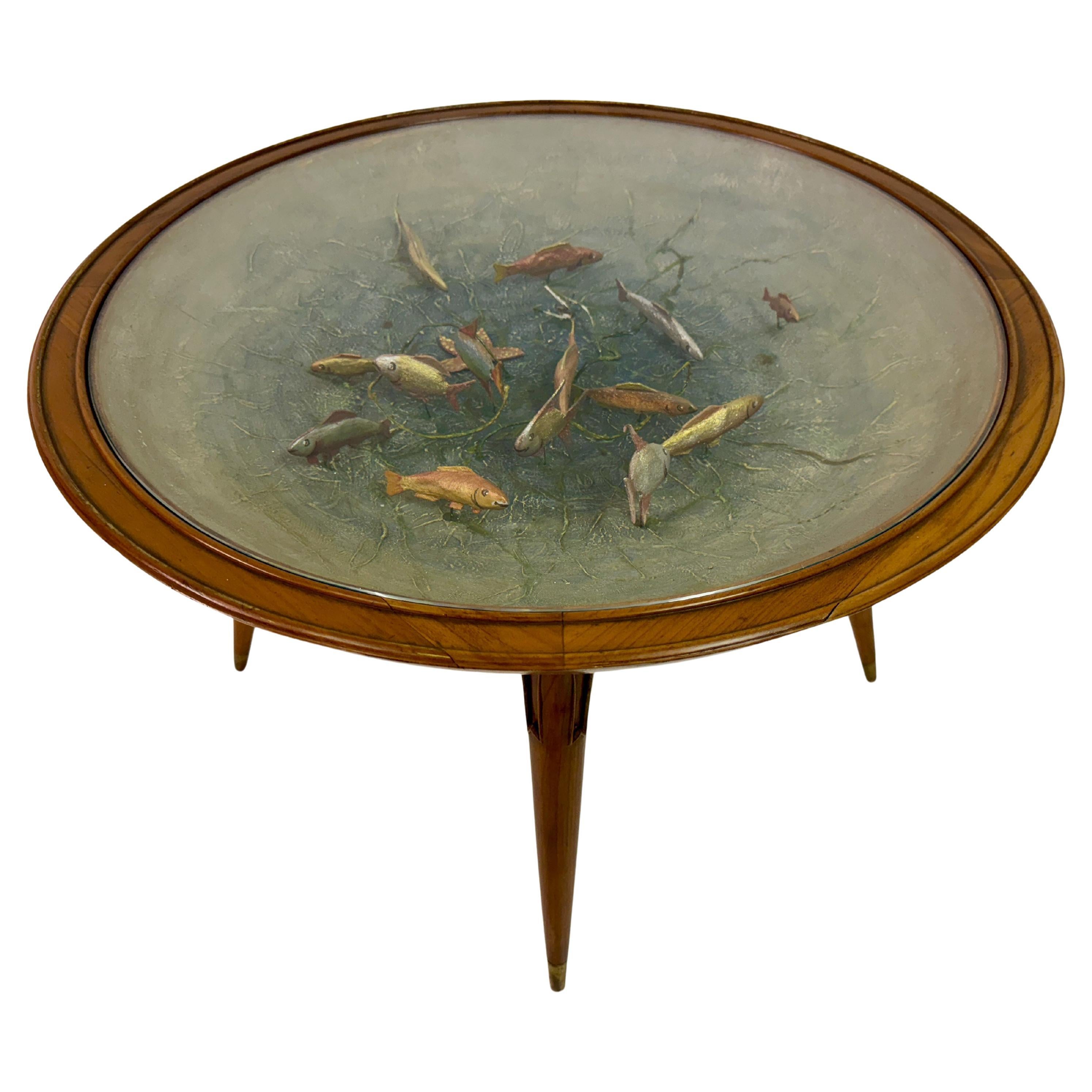 Tavolino italiano insolito degli anni '50 con modellino di pesce