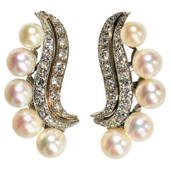 Classic 1950's Up Swept Diamond and Pearl Cocktail Earrings
