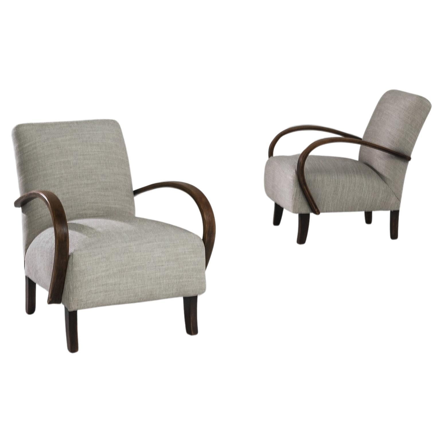 1950s, Upholstered Armchairs by Jindrich Halabala, Pair For Sale
