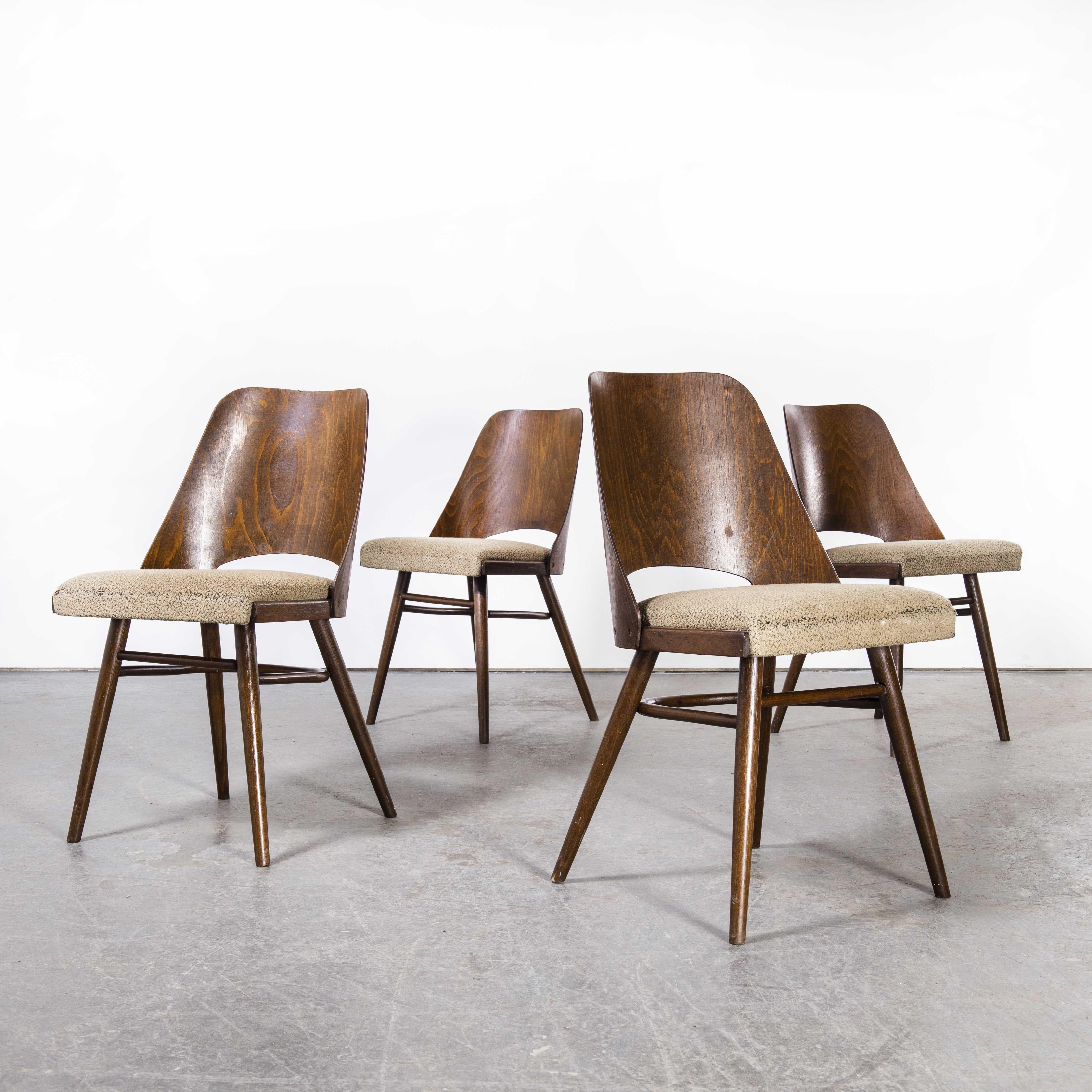 1950’s Upholstered Thon dining chairs by Radomir Hoffman – set of four dark walnut
1950’s Upholstered Thon dining chairs by Radomir Hoffman – set of four. These chairs were produced by the famous Czech firm Ton, still trading today and producing
