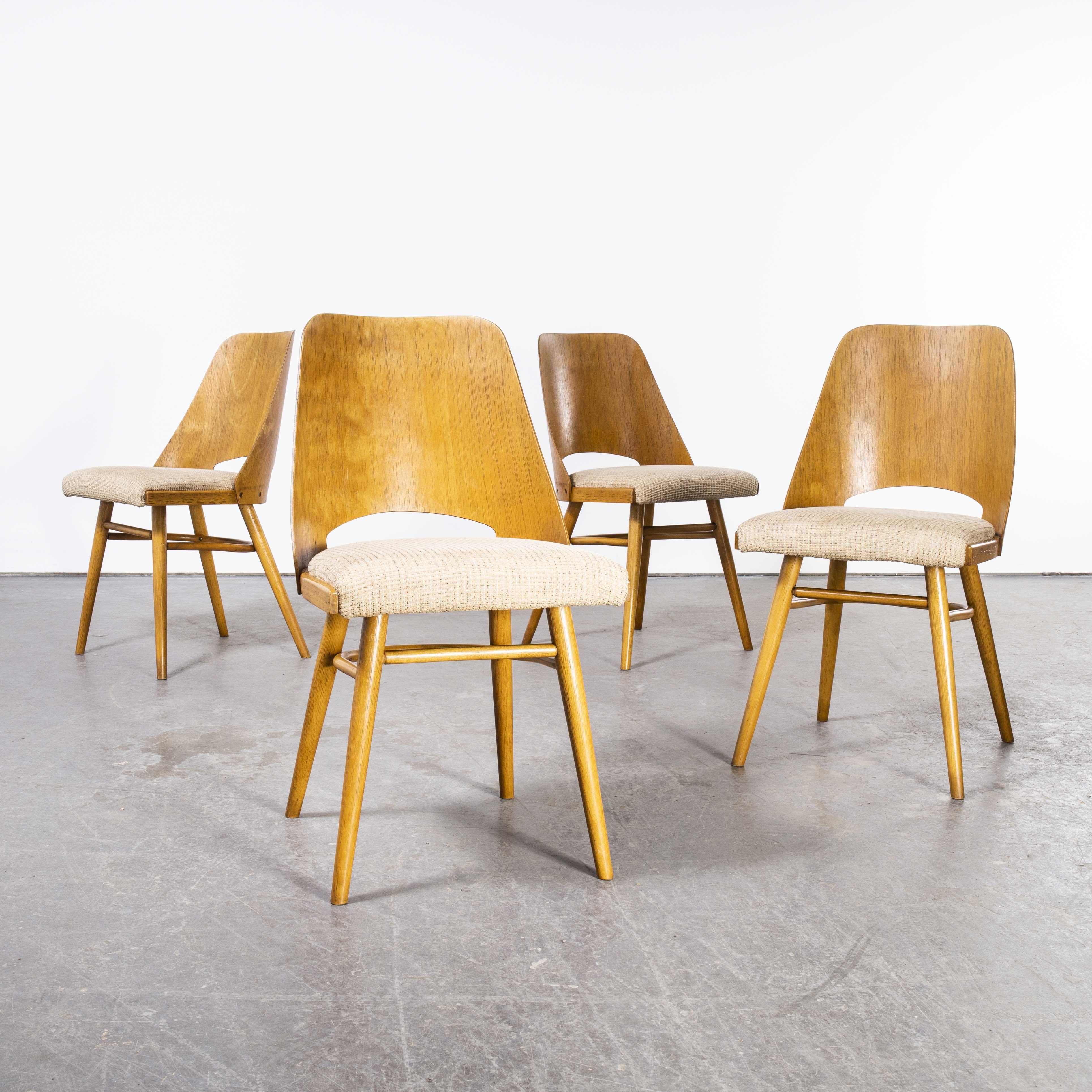 1950’s upholstered thon dining chairs by Radomir Hoffman – set of four
1950’s upholstered thon dining chairs by Radomir Hoffman – set of four. These chairs were produced by the famous Czech firm Ton, still trading today and producing beautiful