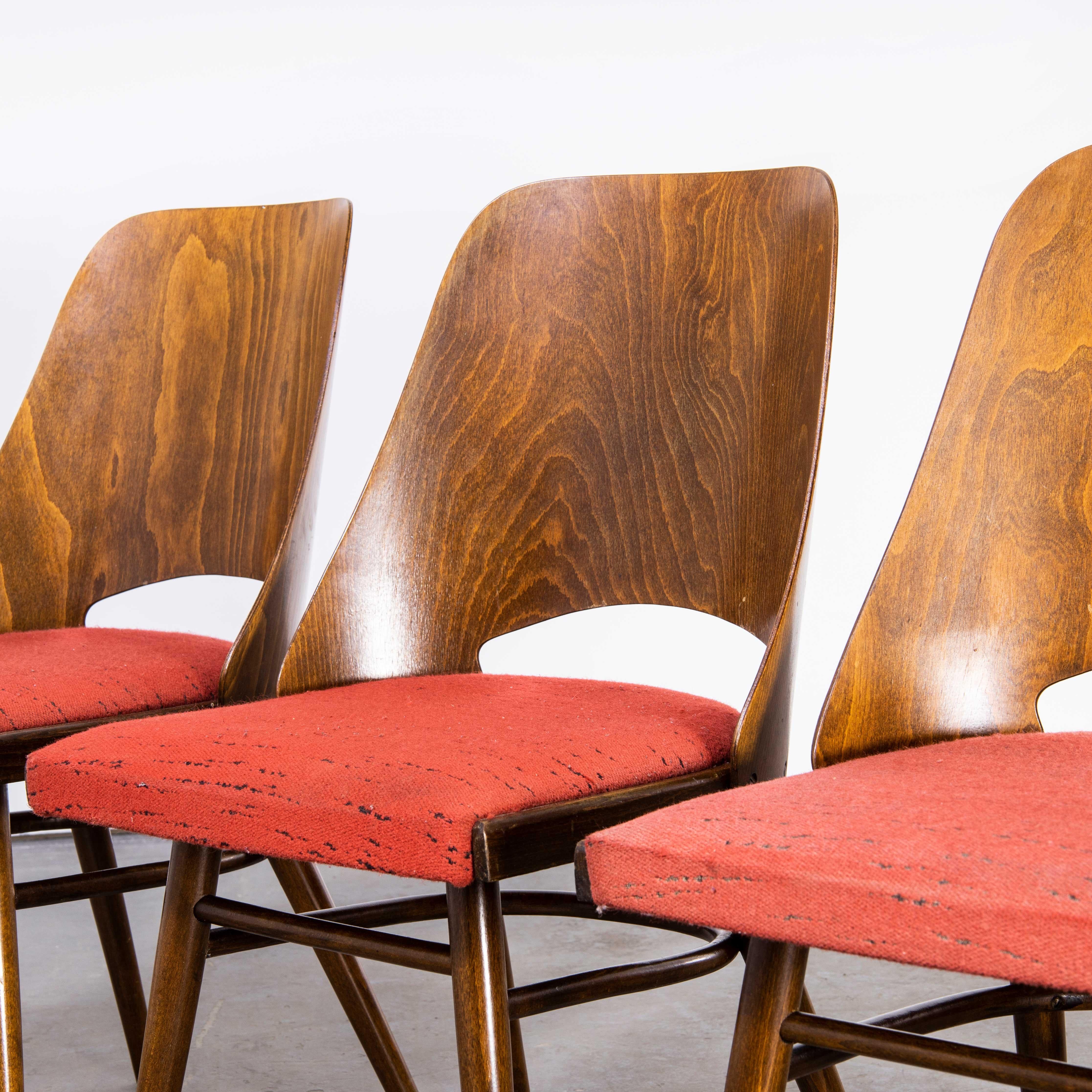 1950's Upholstered Thon Warm Oak Dining Chairs by Radomir Hoffman, Set of Four For Sale 3