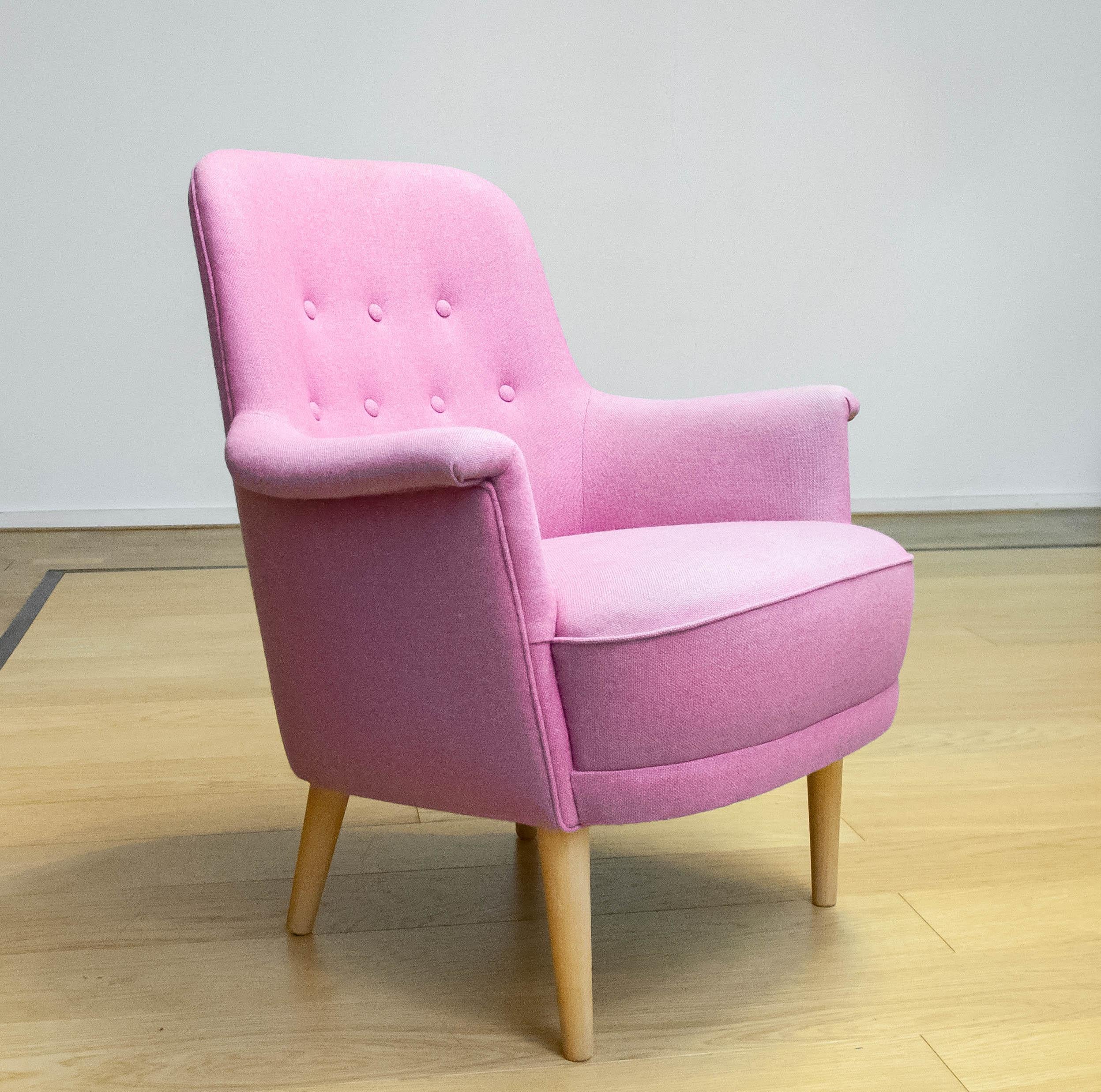 Mid-Century Modern 1950s Upholstered With Lilac Wool Armchair By Carl Malmsten For O.H. Sjogren. For Sale