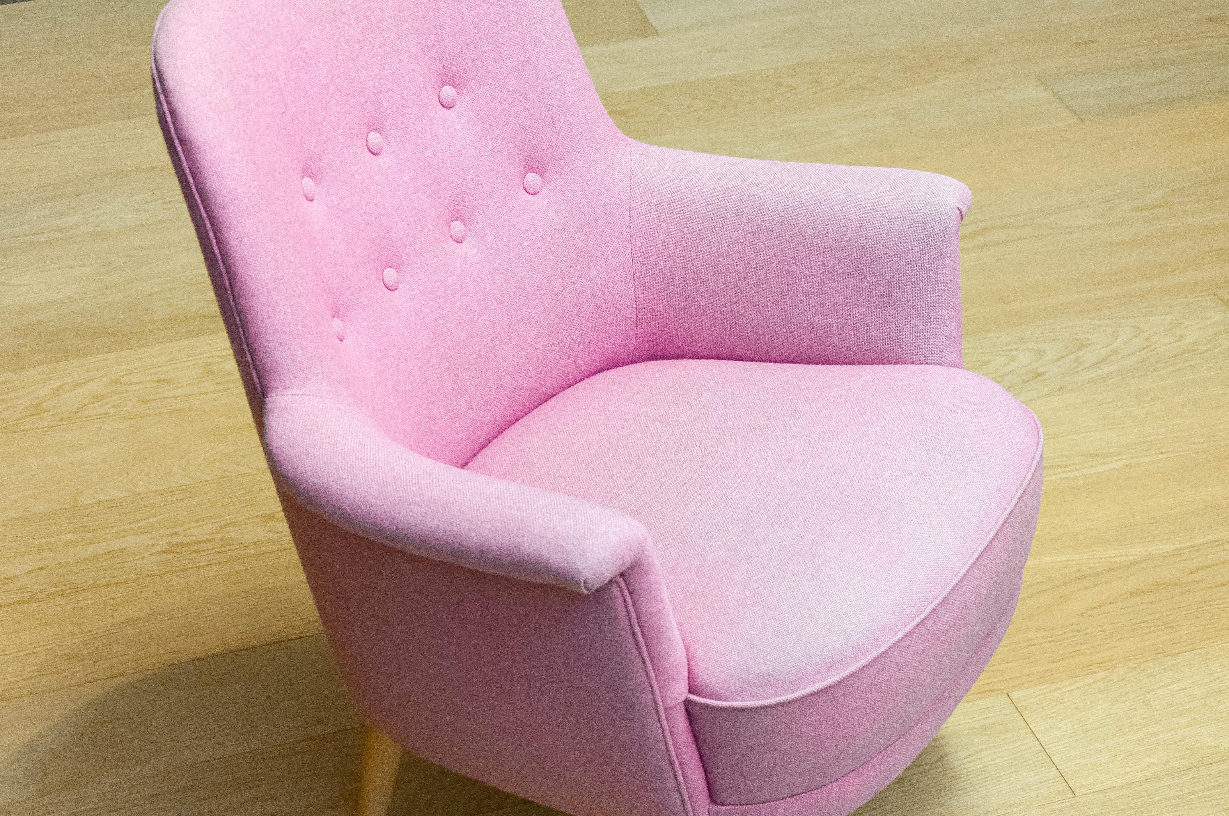 Swedish 1950s Upholstered With Lilac Wool Armchair By Carl Malmsten For O.H. Sjogren. For Sale