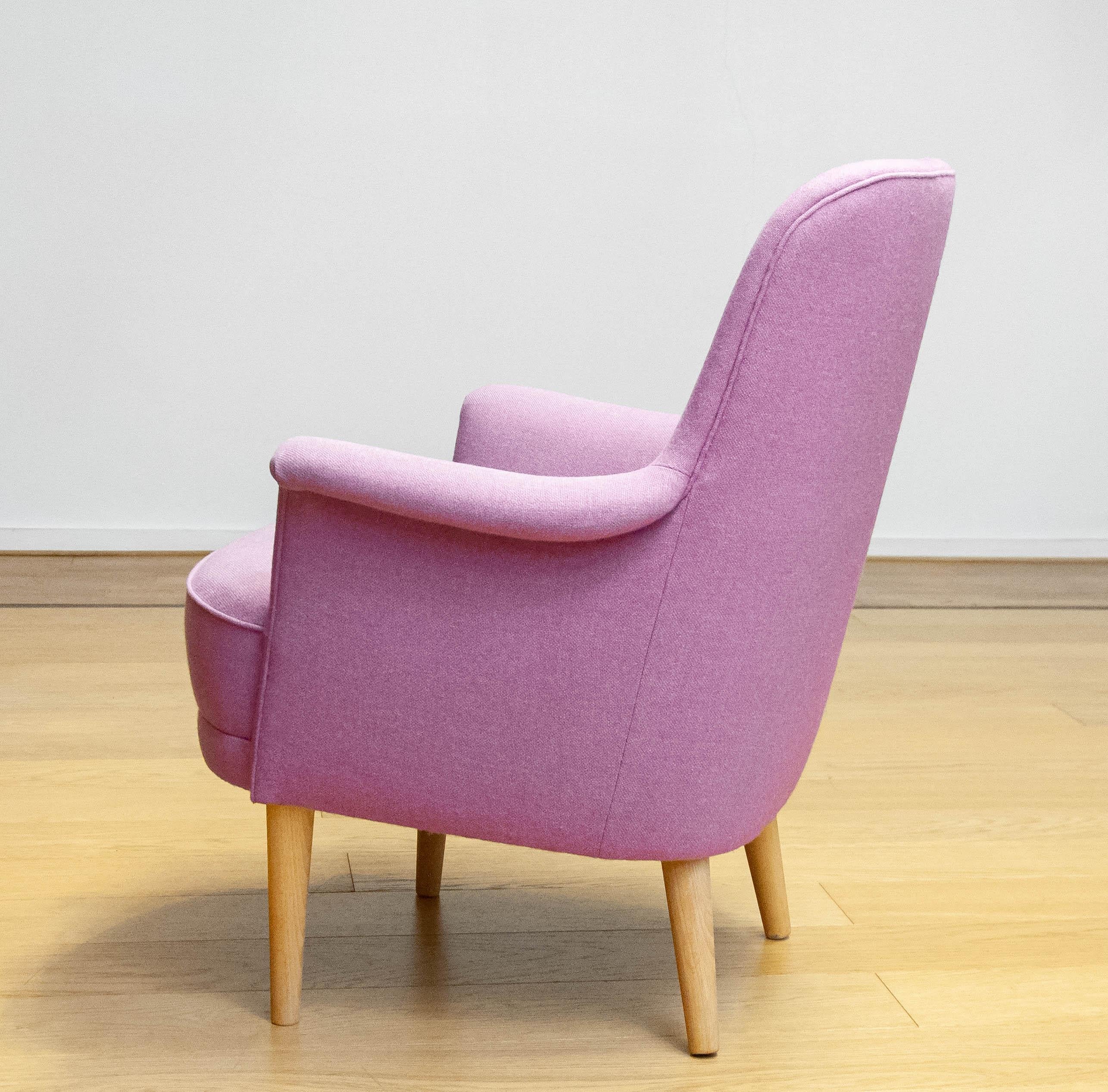 1950s Upholstered With Lilac Wool Armchair By Carl Malmsten For O.H. Sjogren. For Sale 1